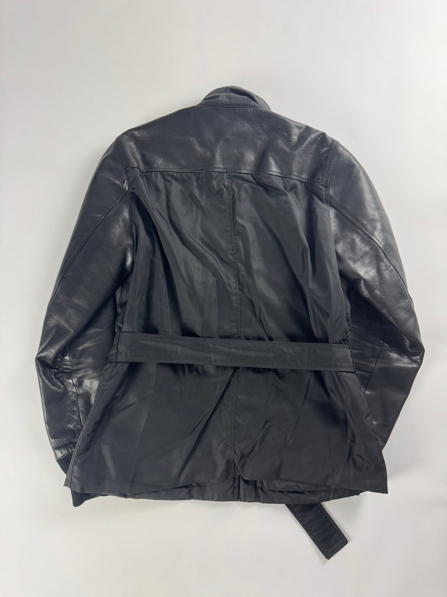 Prada Leather Sleeves Belted Collar Pilot Jacket 2000s - S