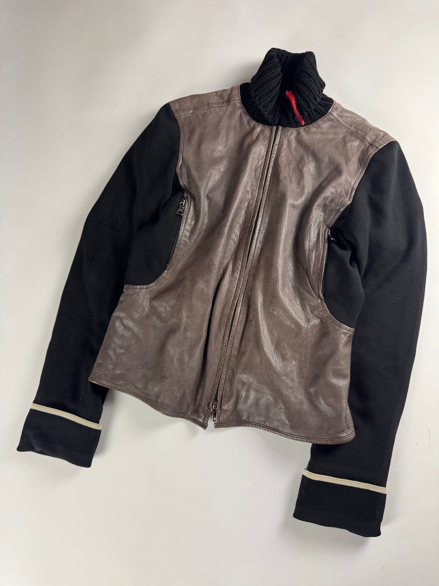 Prada Wool Hybrid Brown Leather Turtleneck Jacket SS 2000 - M