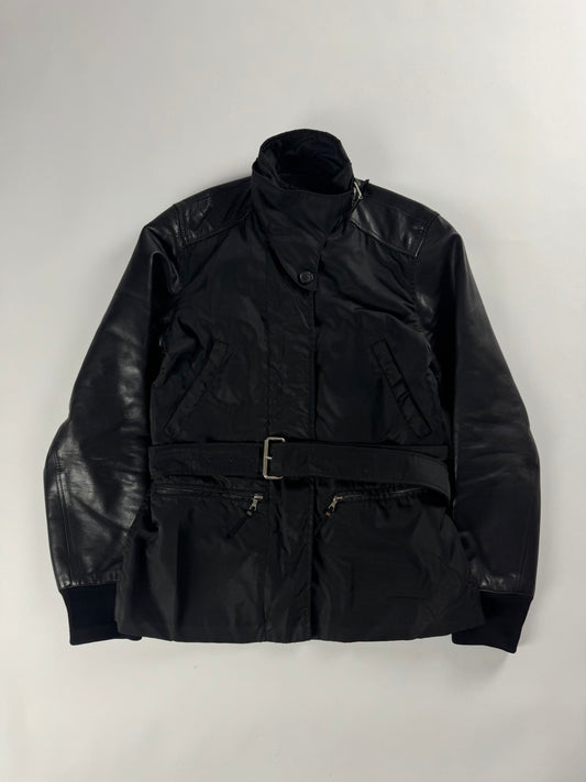 Prada Leather Sleeves Belted Collar Pilot Jacket 2000s - S