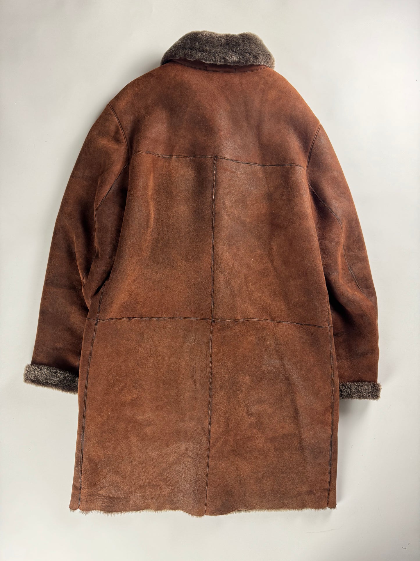 Prada Vulcan Brown Premium Inside Sheep Fur Long Shearling Leather Coat FW 2003 - L