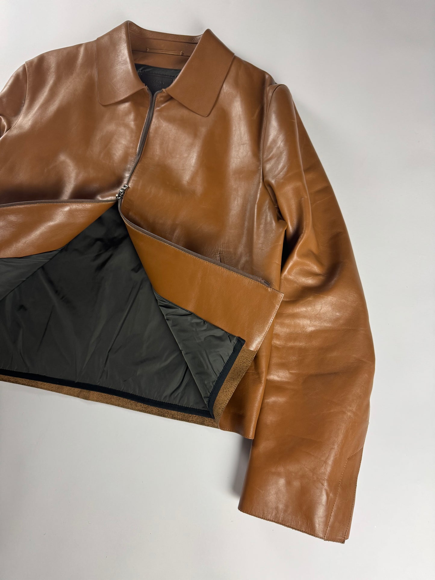 Prada Cognac Premium Leather Double Zipper Padded Layer Minimalist Jacket FW 2000 - L