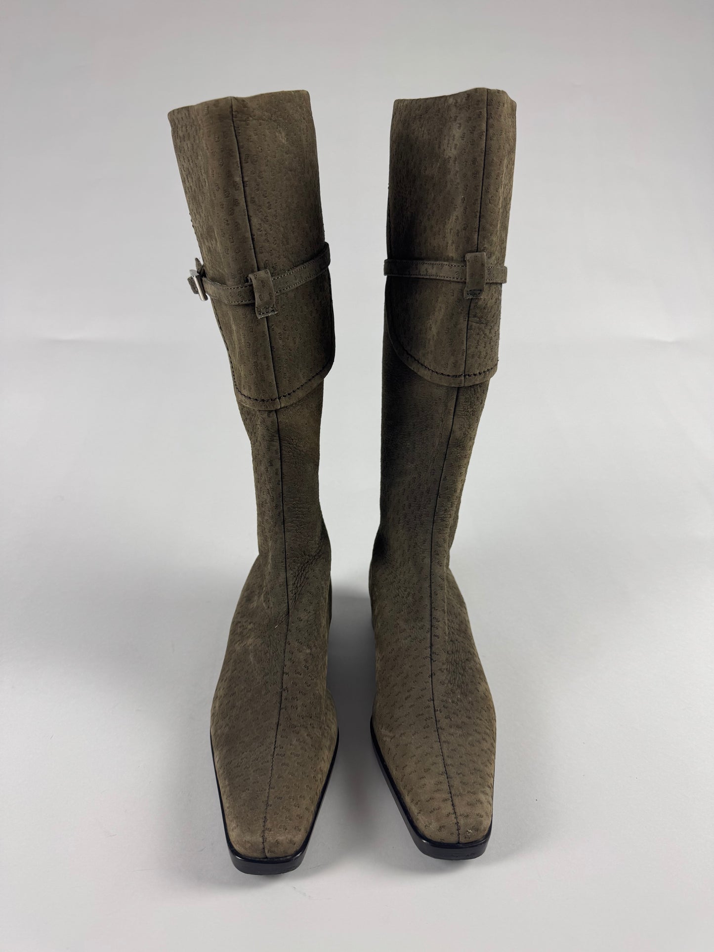 Prada Embossed Leather Pointed Toe Cavalier Belted High Boots FW 2000 - 36 IT/37 EU