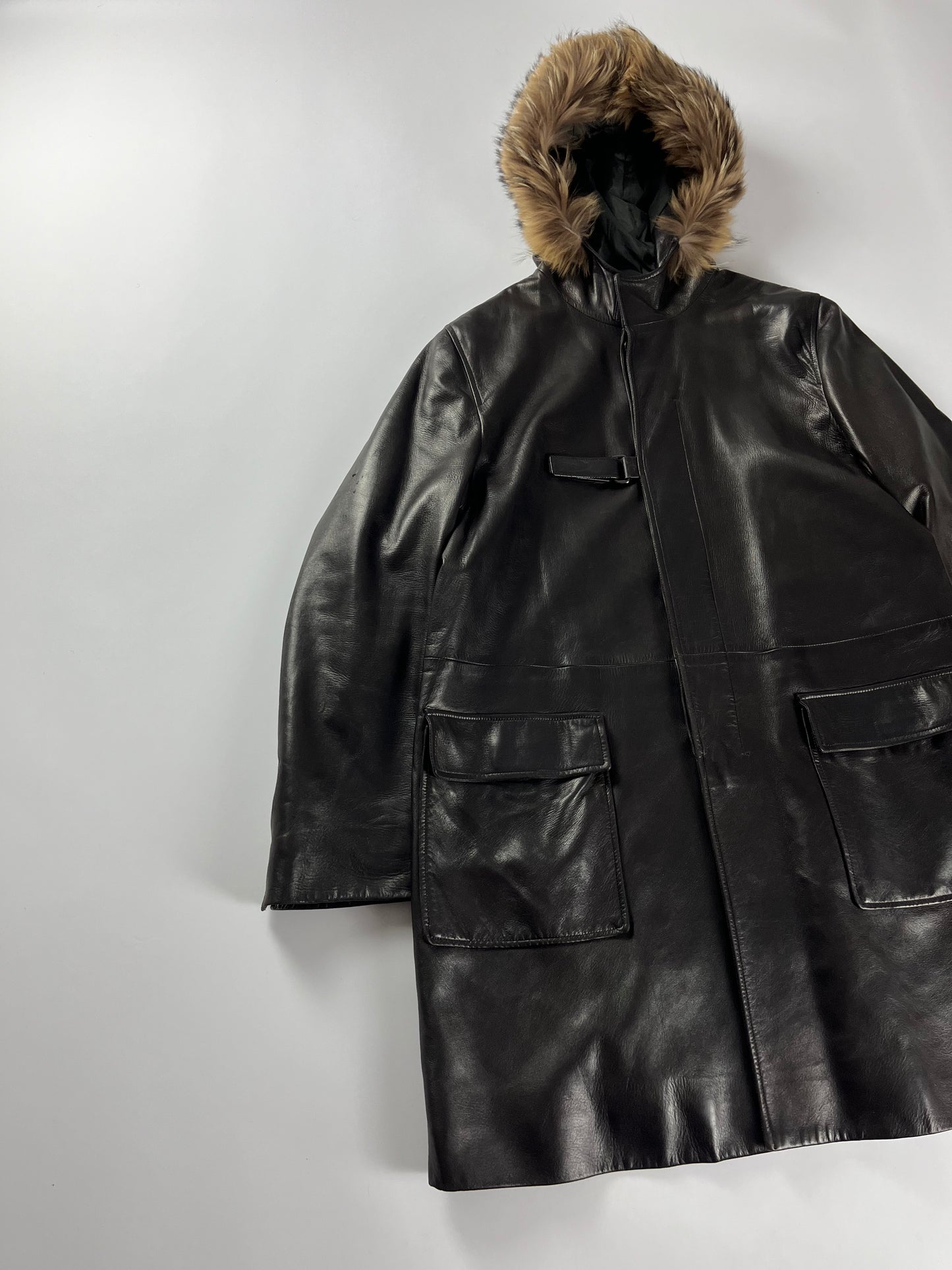 Prada Belted Premium Leather Fur Long Jacket FW 1999 - M