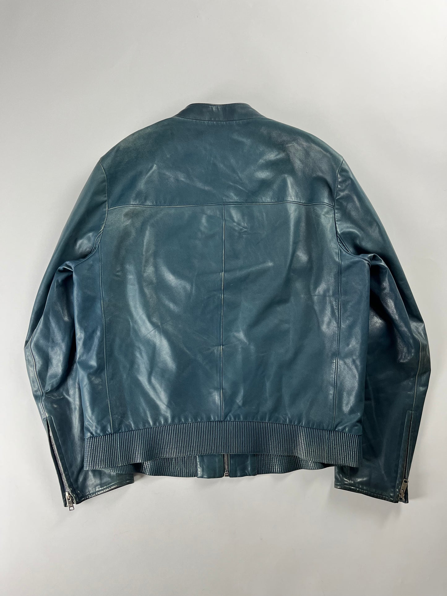 Prada Turquoise Blue Leather Moto Jacket FW 2014 - L