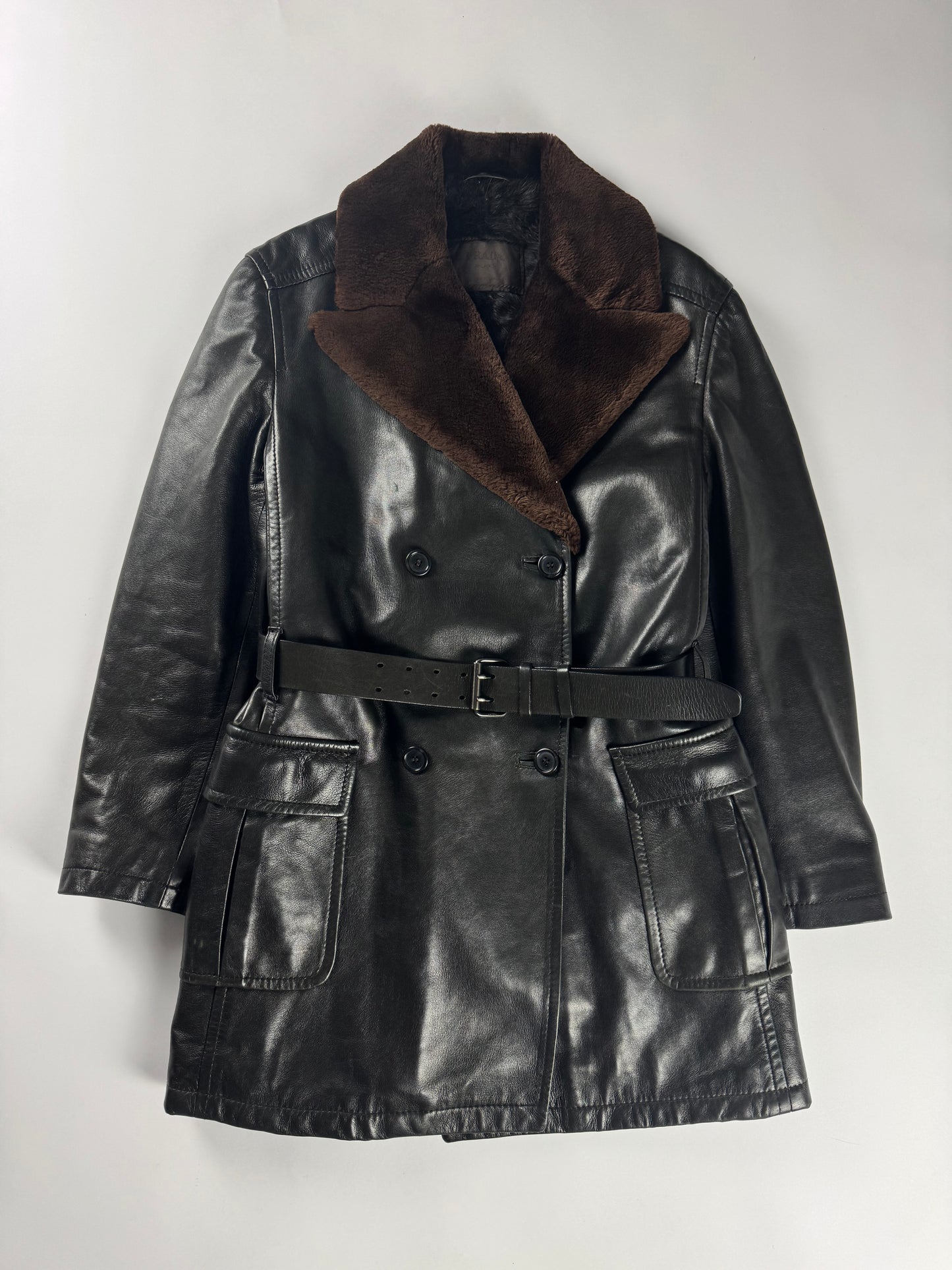 Prada Inside Fur Double Breasted Belted Leather Coat FW 1996 - S