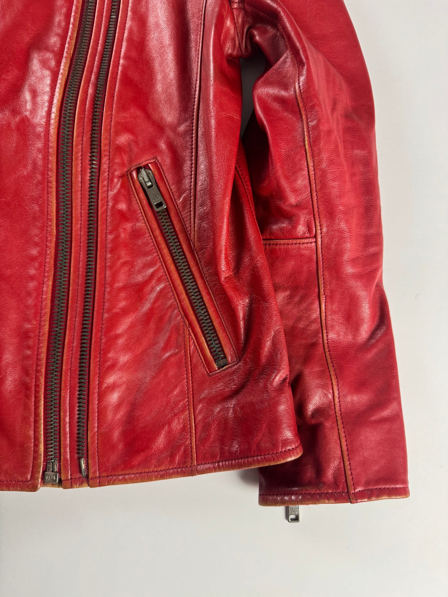 Prada Red Leather Perfecto Asymmetrical Moto Jacket - XS