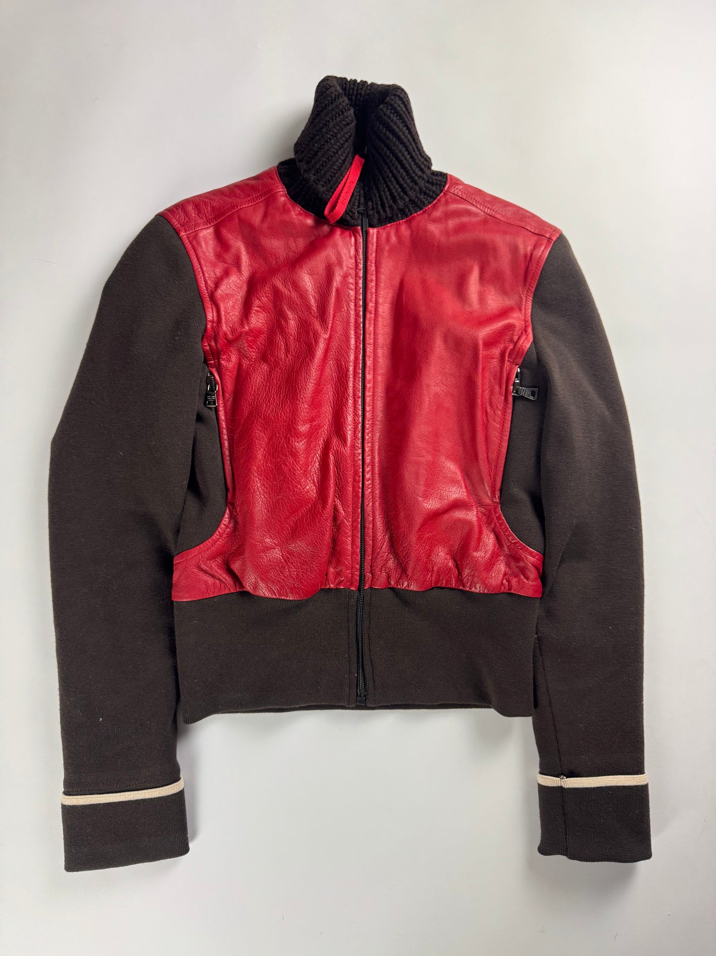 Prada Wool Hybrid Red Leather Patch Turtleneck Jacket SS 2000 - S