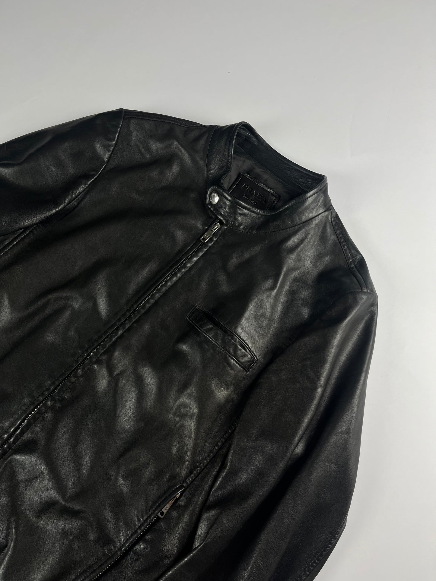 Prada Sample Shadow Black Textured Soft Leather Moto Jacket SS 2014 - M