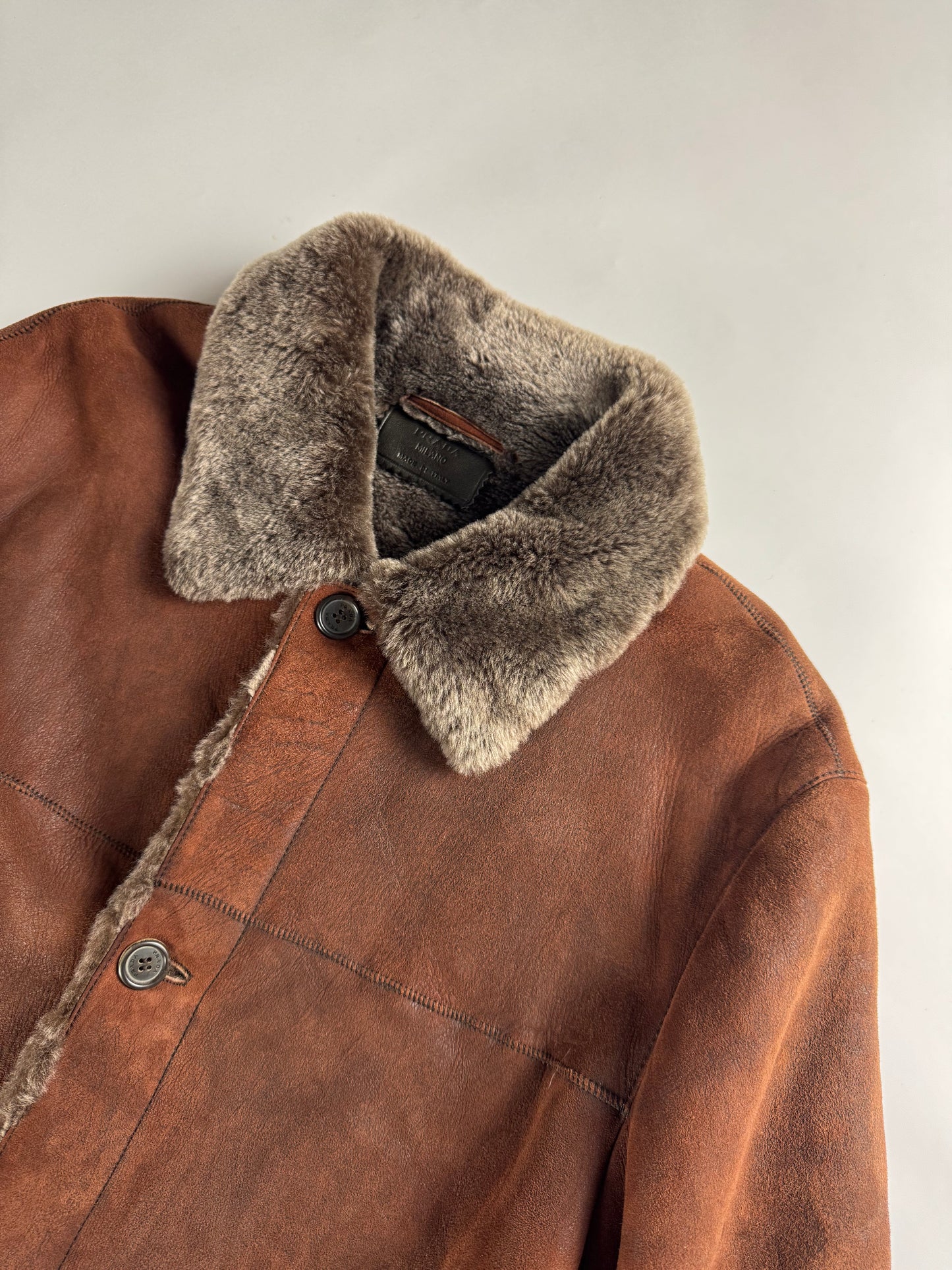 Prada Vulcan Brown Premium Inside Sheep Fur Long Shearling Leather Coat FW 2003 - L
