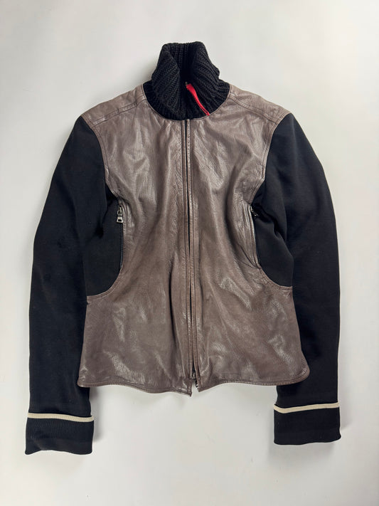 Prada Wool Hybrid Brown Leather Turtleneck Jacket SS 2000 - M