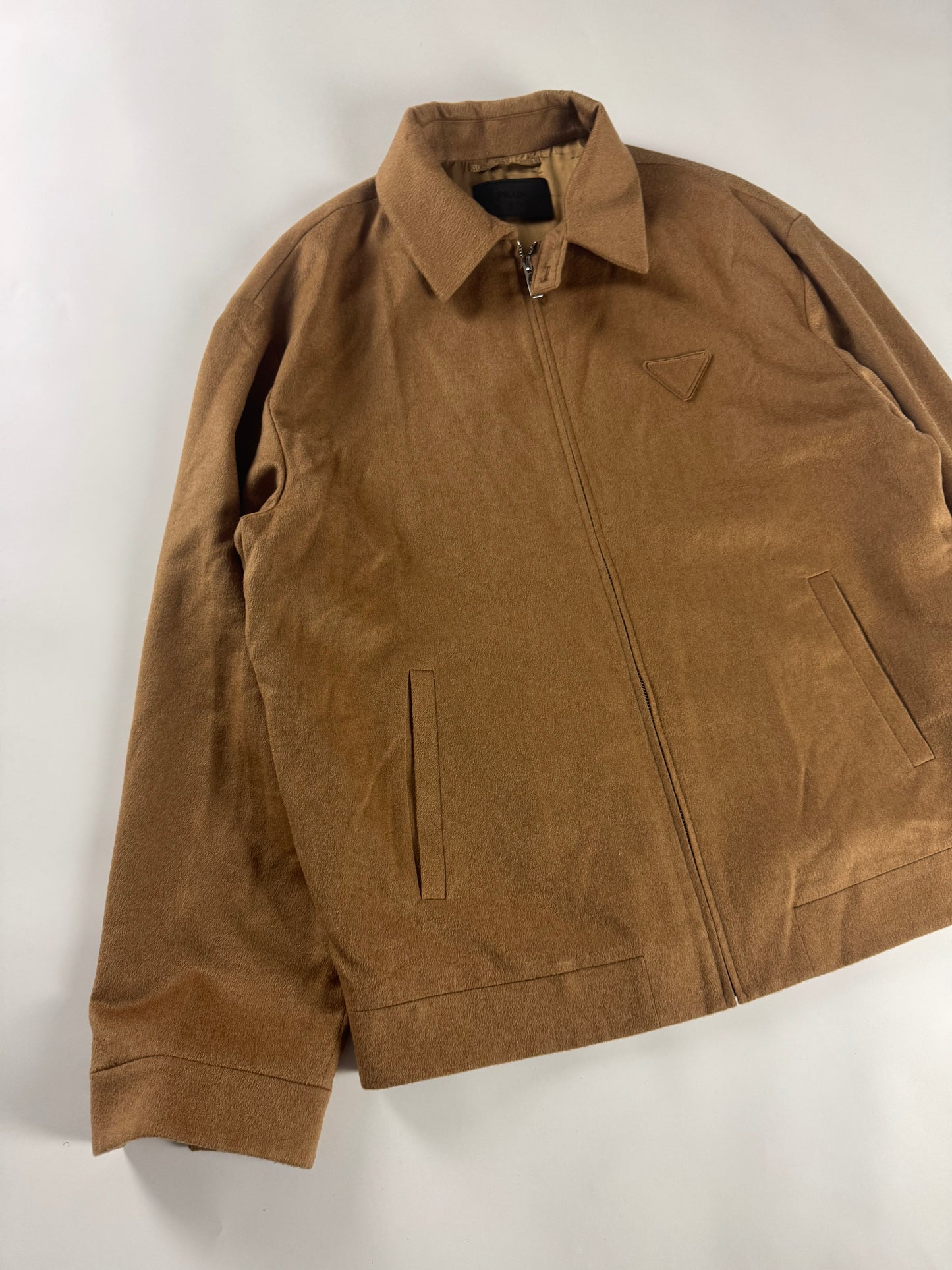 Prada Brown Camel Hair Triangle Logo Classic Jacket FW 2023 - L