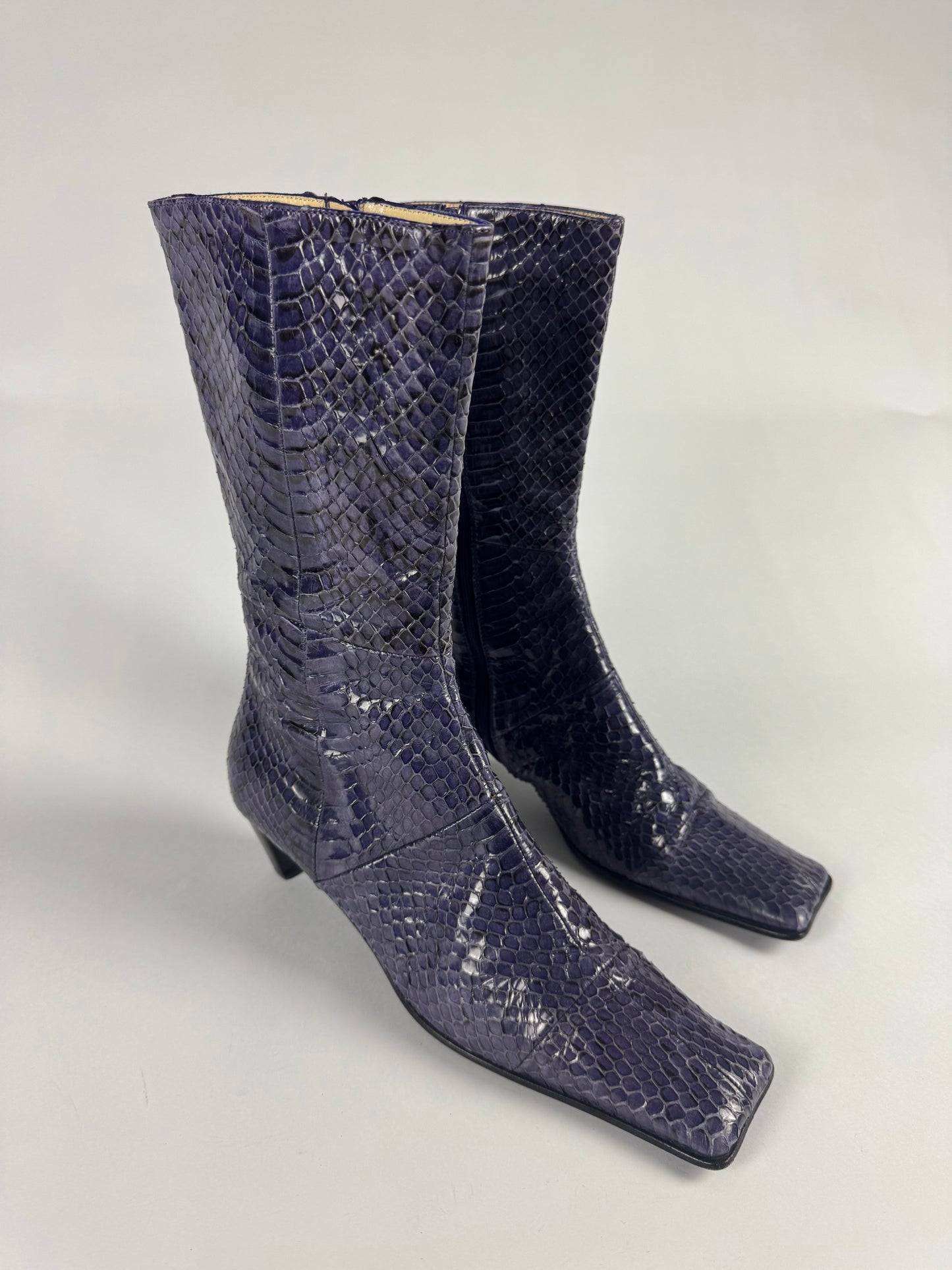 Miu Miu Snakeskin Tan Purple Python Square Toe Leather Boots FW 1999 - 38,5 IT/39,5 EU