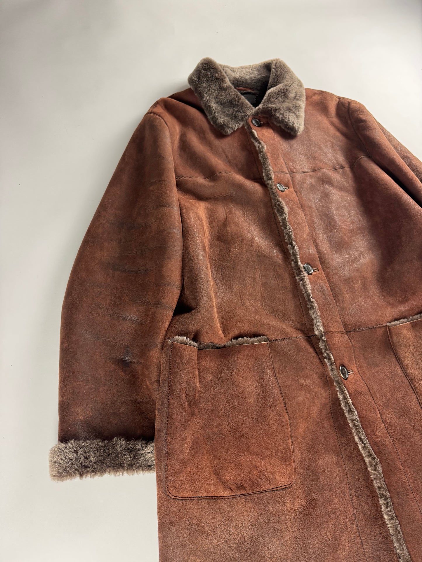 Prada Vulcan Brown Premium Inside Sheep Fur Long Shearling Leather Coat FW 2003 - L