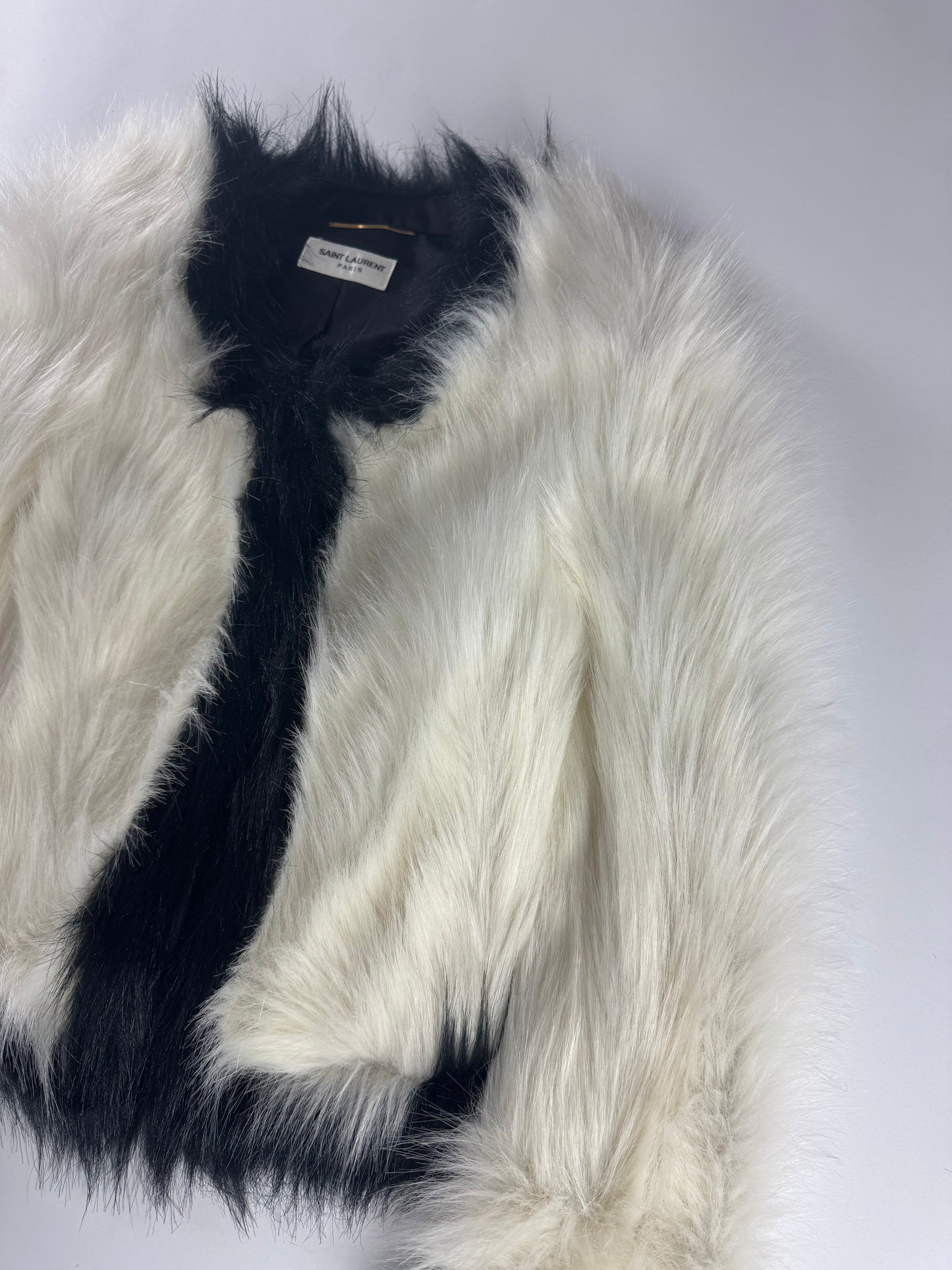 Saint Laurent Monochrome Cream Black Faux Fur Cropped Jacket FW 2021 - XS