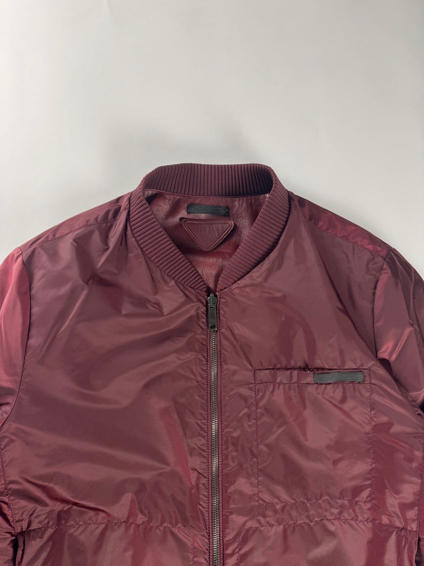Prada Backside Triangle Logo Reversible Soft Bordeaux Leather Bomber Jacket FW 2017 - M
