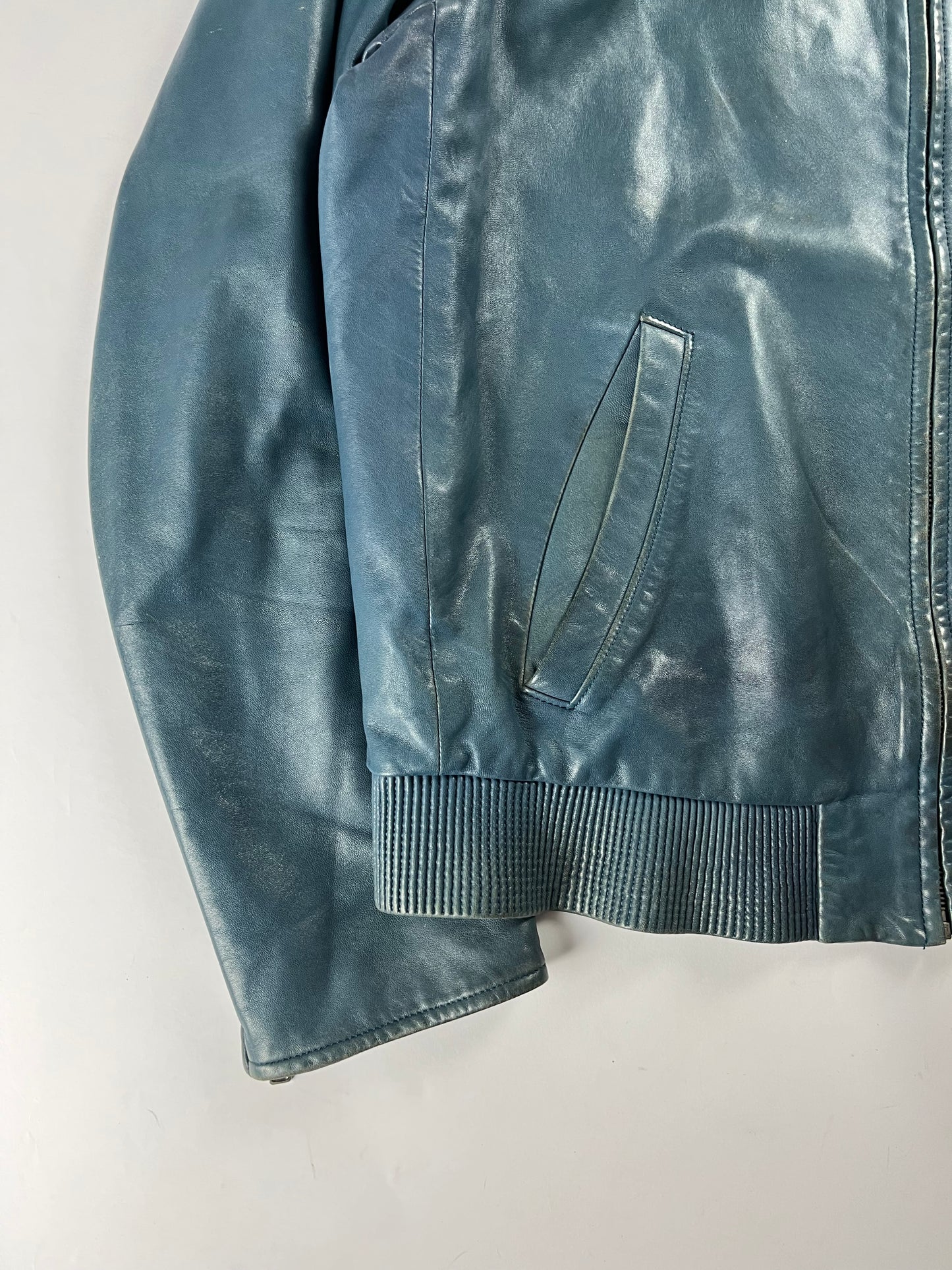 Prada Turquoise Blue Leather Moto Jacket FW 2014 - L