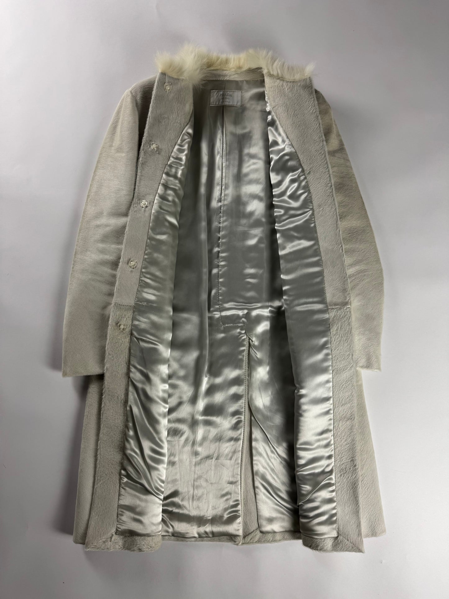 Prada White Heaven Fur Trimmed Pony Hair Leather Coat 1990s - S