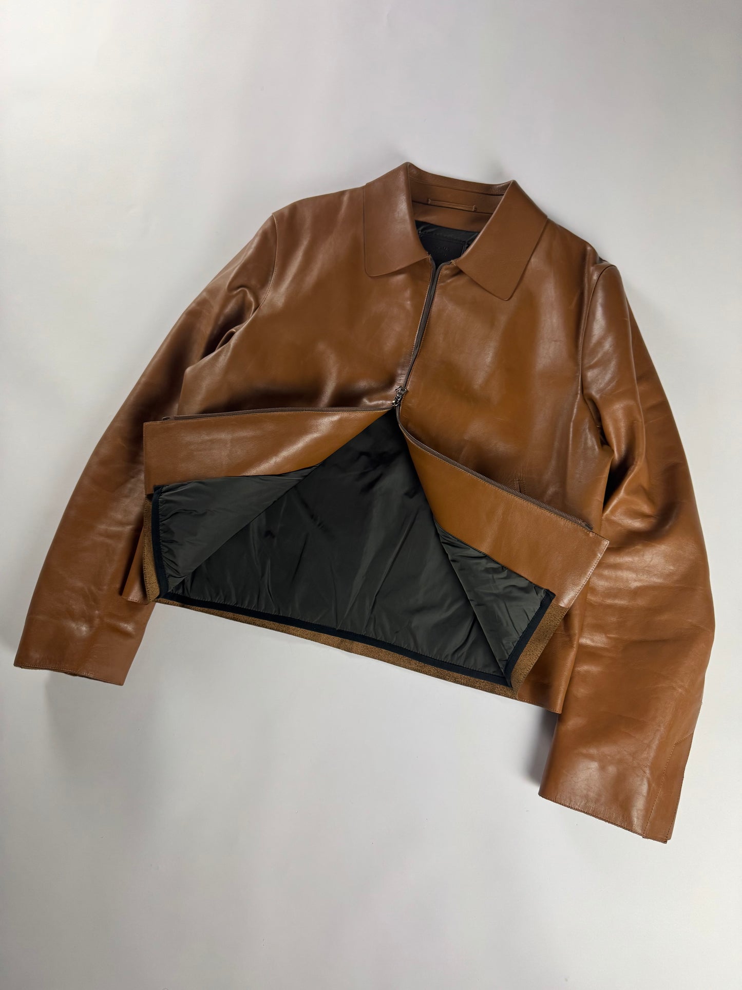 Prada Cognac Premium Leather Double Zipper Padded Layer Minimalist Jacket FW 2000 - L
