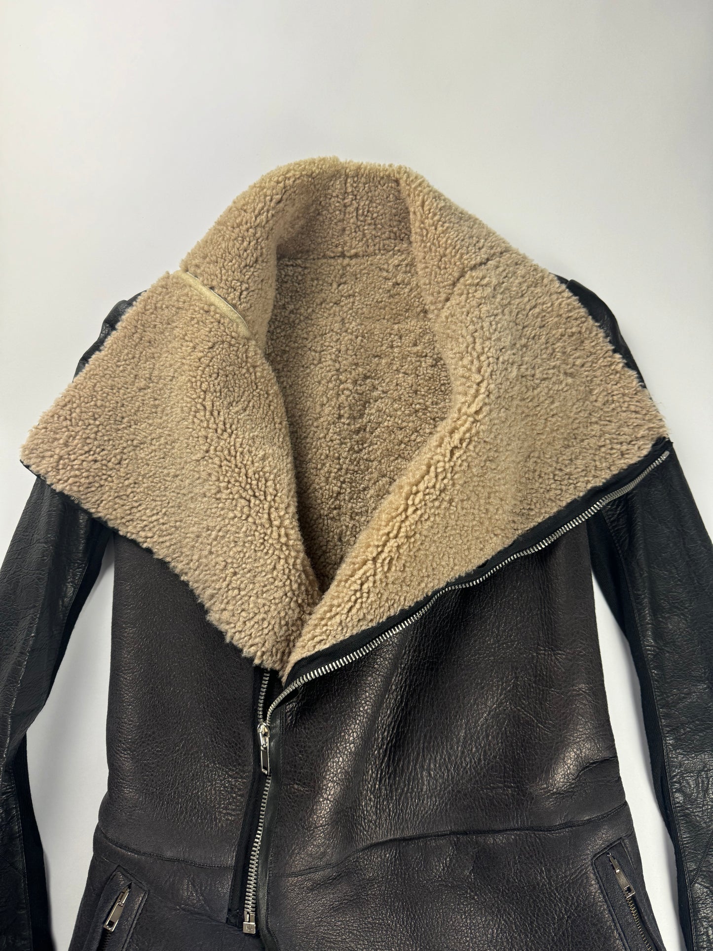 Rick Owens Long Asymmetric Shearling Oblique Coat 2010s - S
