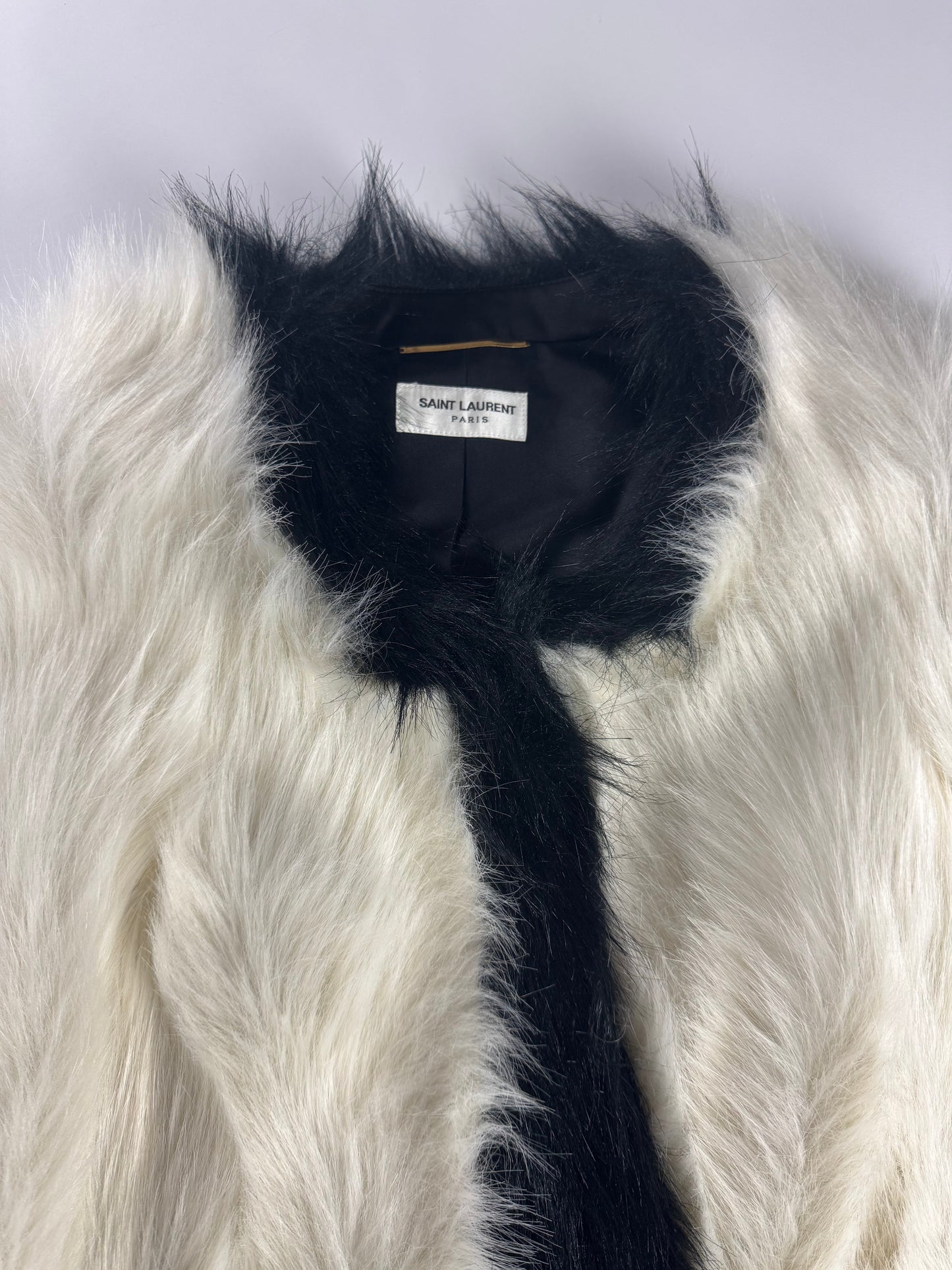 Saint Laurent Monochrome Cream Black Faux Fur Cropped Jacket FW 2021 - XS
