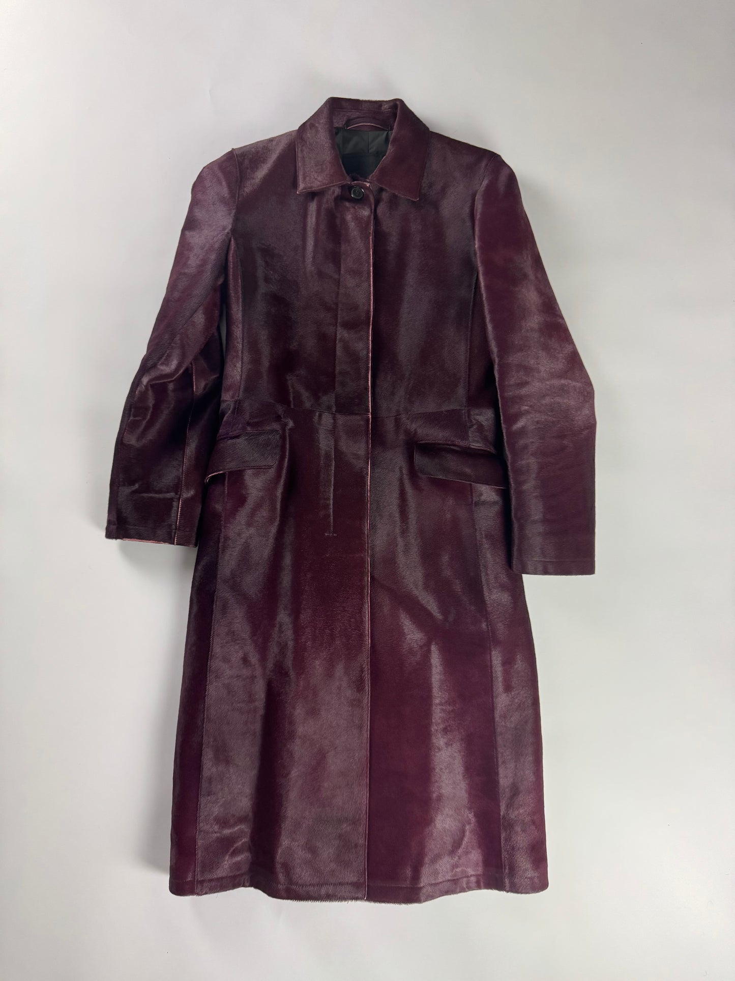 Prada Wine Bordeaux Leather Belted Pony Hair Leather Coat FW 2000 - XS