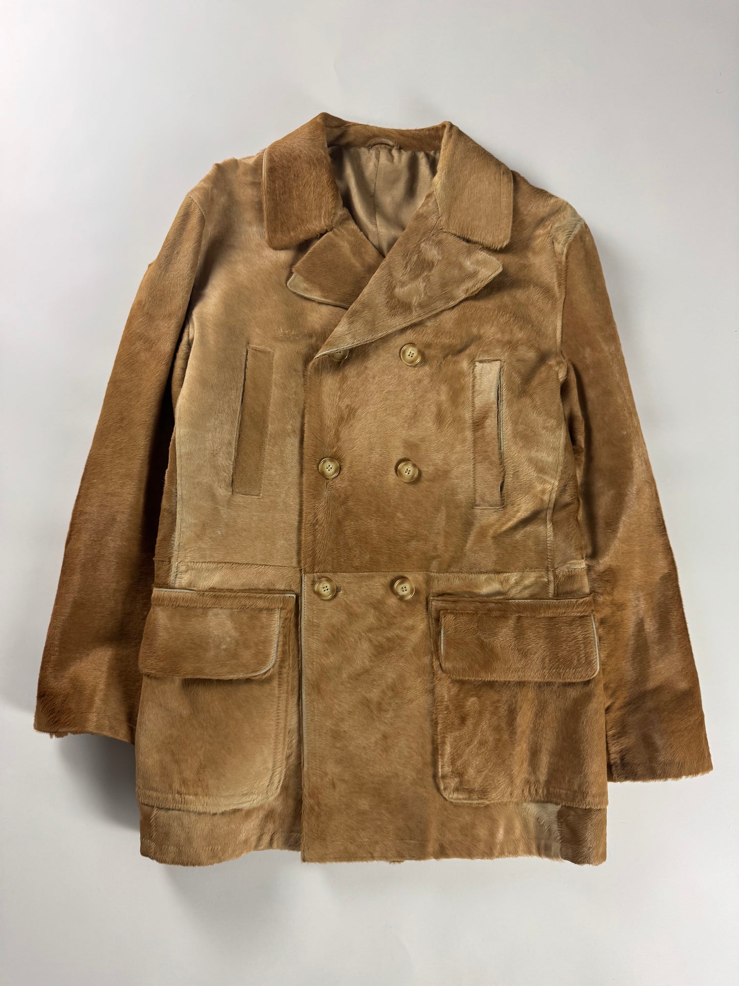 Prada Camel Tawny Double Breasted Pony Hair Leather Coat FW 1996 - M