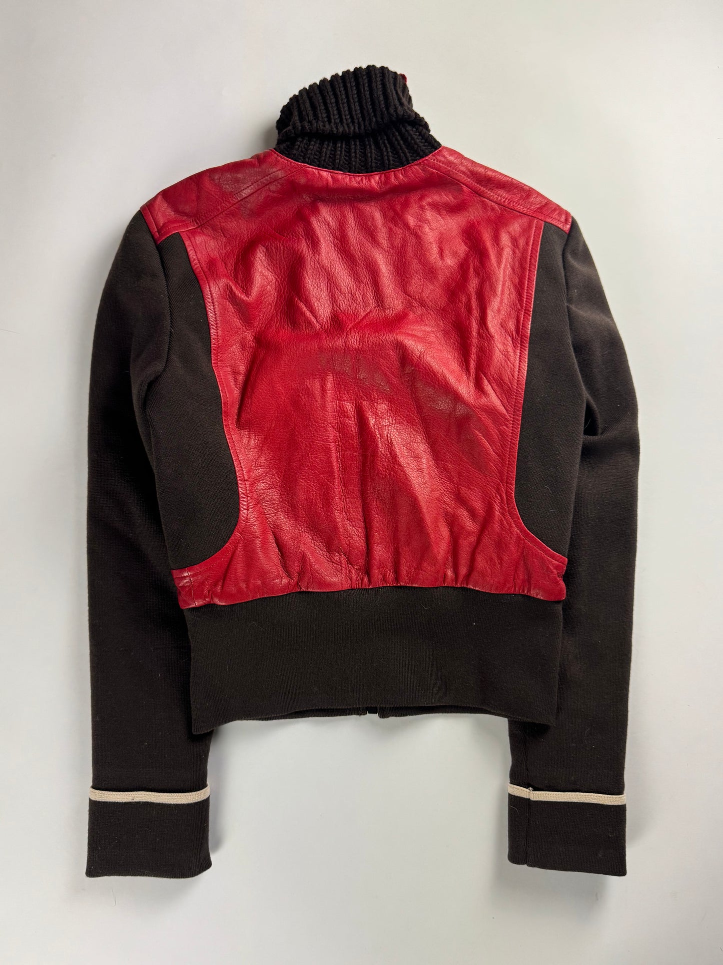 Prada Wool Hybrid Red Leather Patch Turtleneck Jacket SS 2000 - S