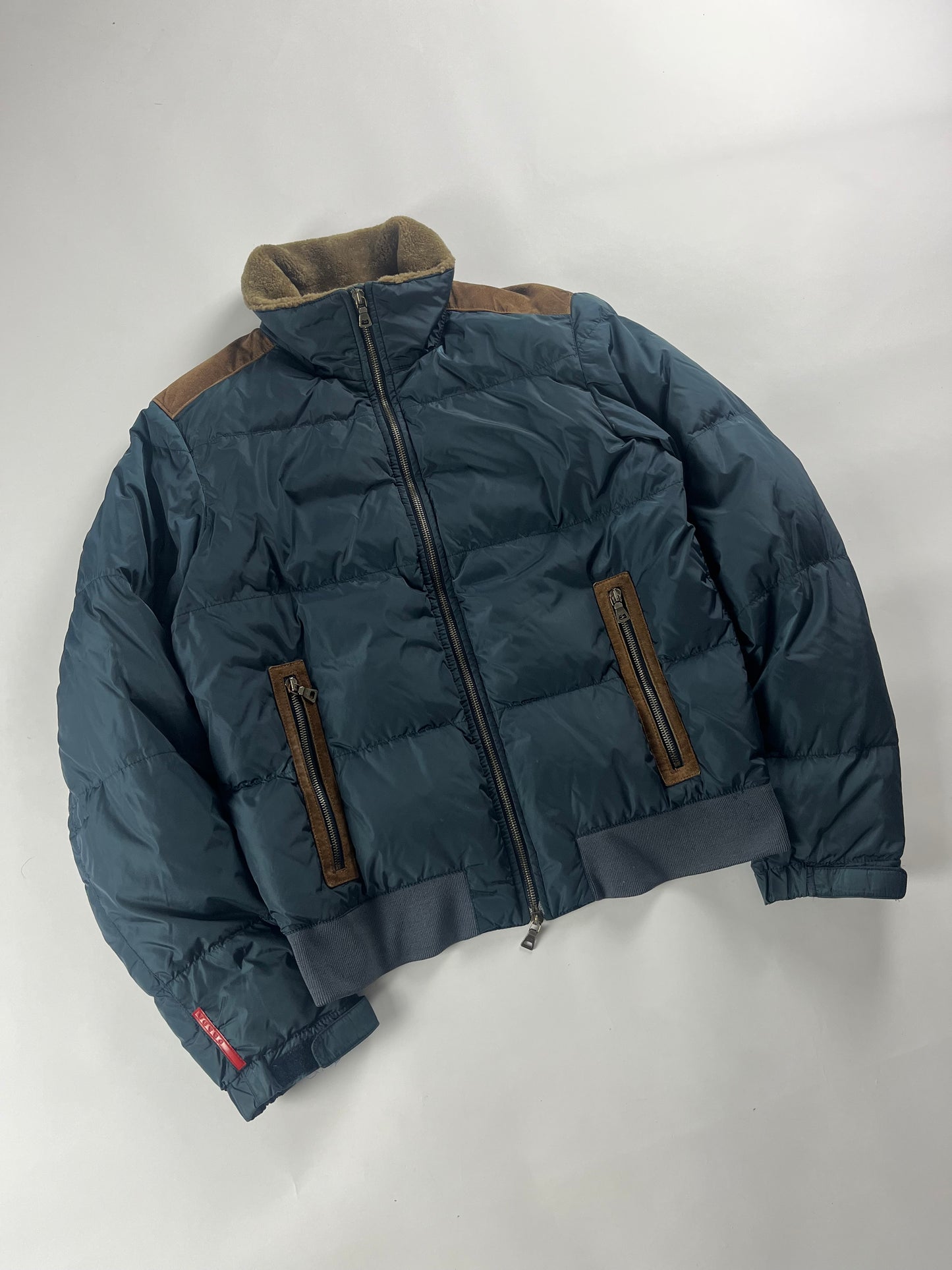 Prada Linea Rossa Puffer Blue Nylon Leather Patched Jacket 2000s - M