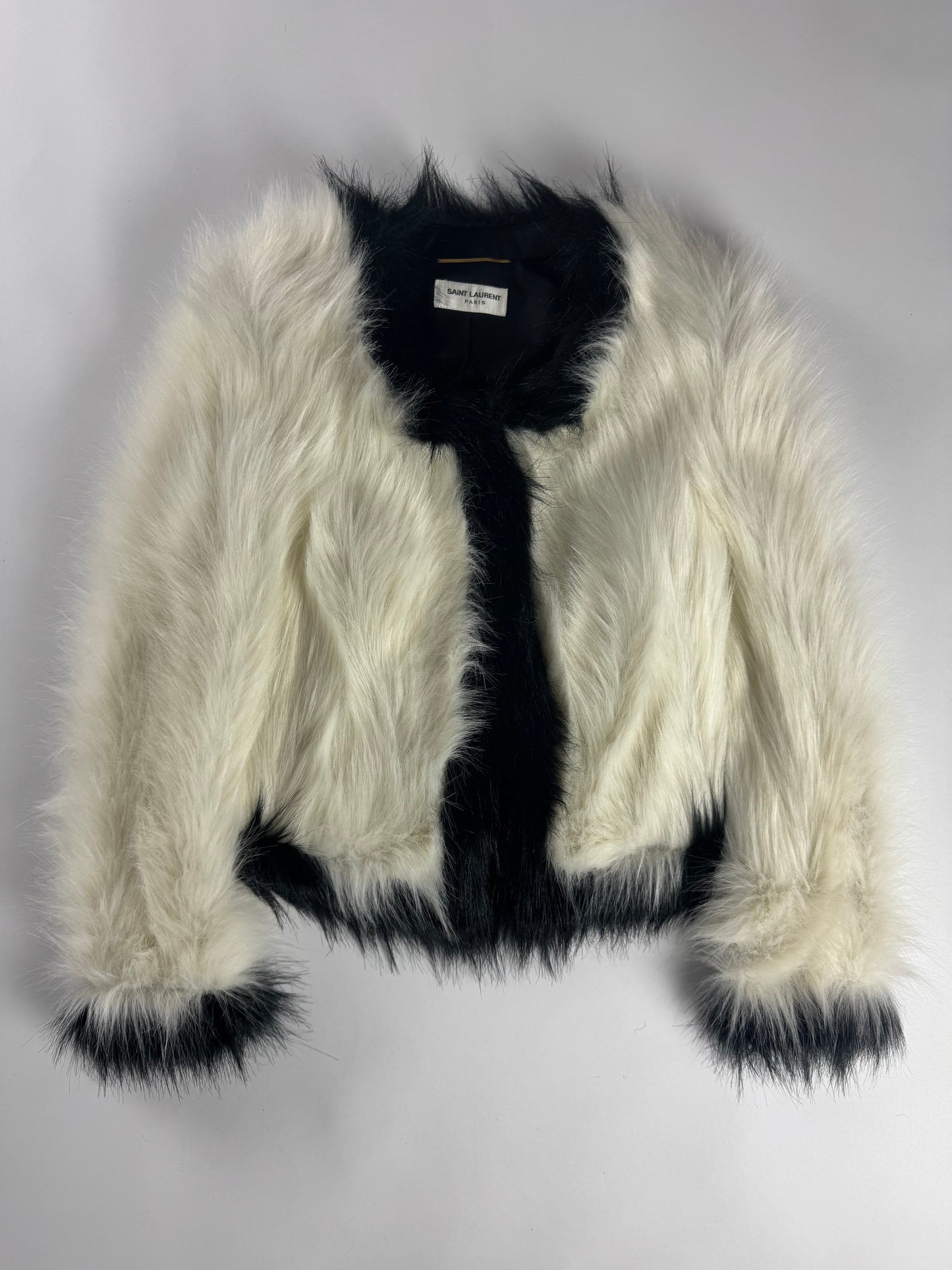 Saint Laurent Monochrome Cream Black Faux Fur Cropped Jacket FW 2021 - XS