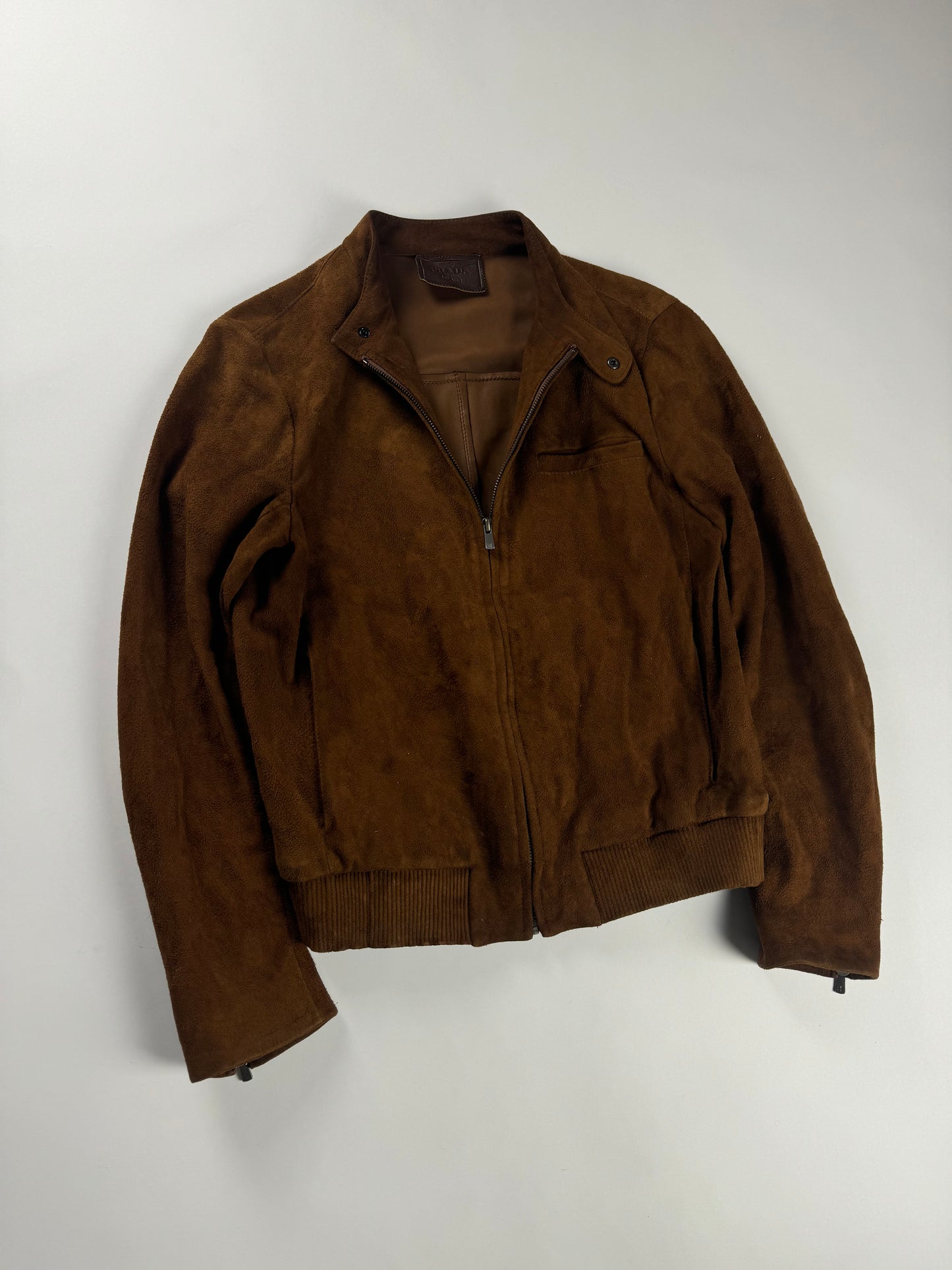 Prada Sample Havana Brushed Suede Canvas Leather Moto Jacket FW 2013 - M