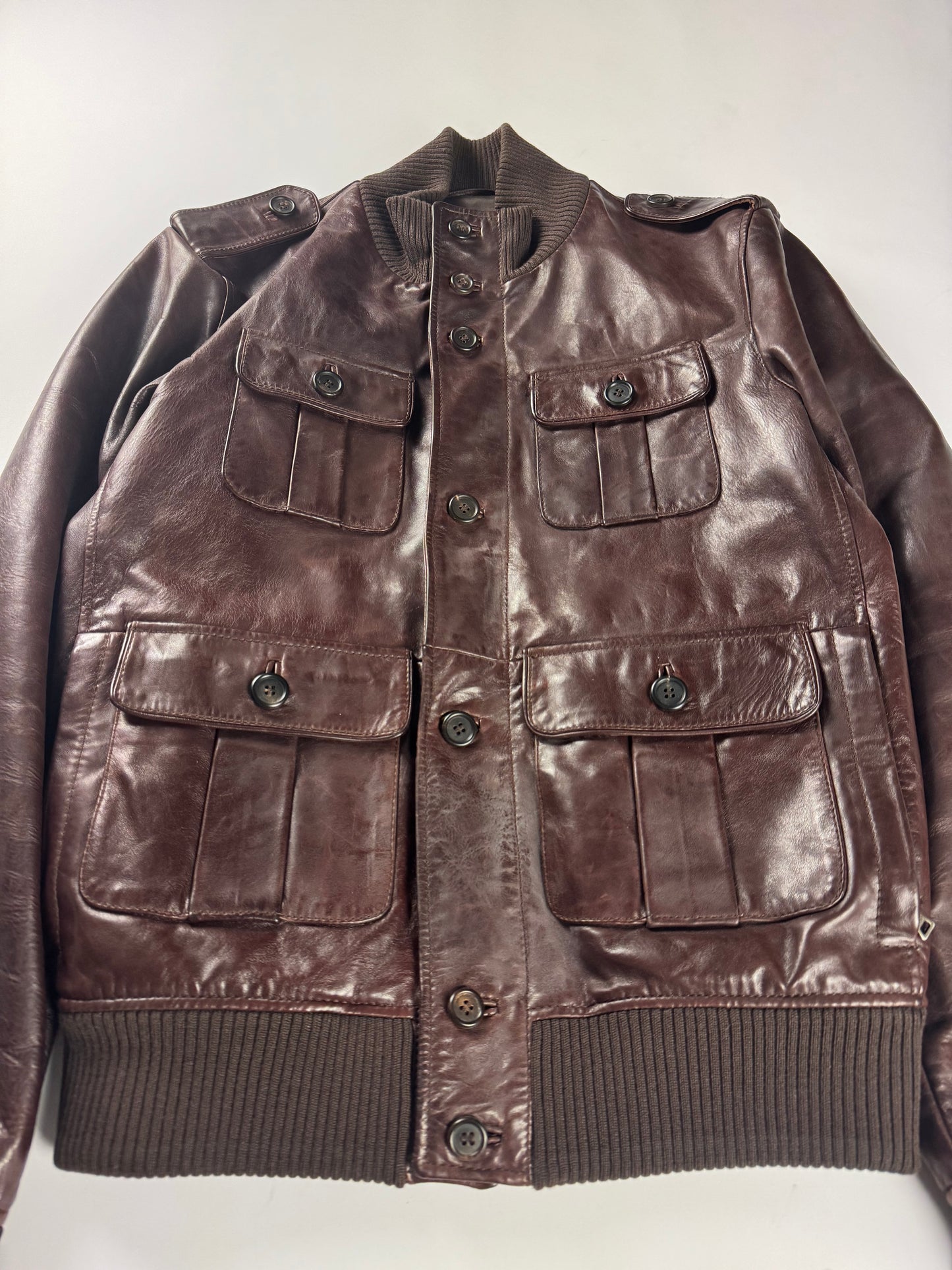 Prada Marlboro Brown Multi Pocket Leather Bomber Jacket FW 2008 - M
