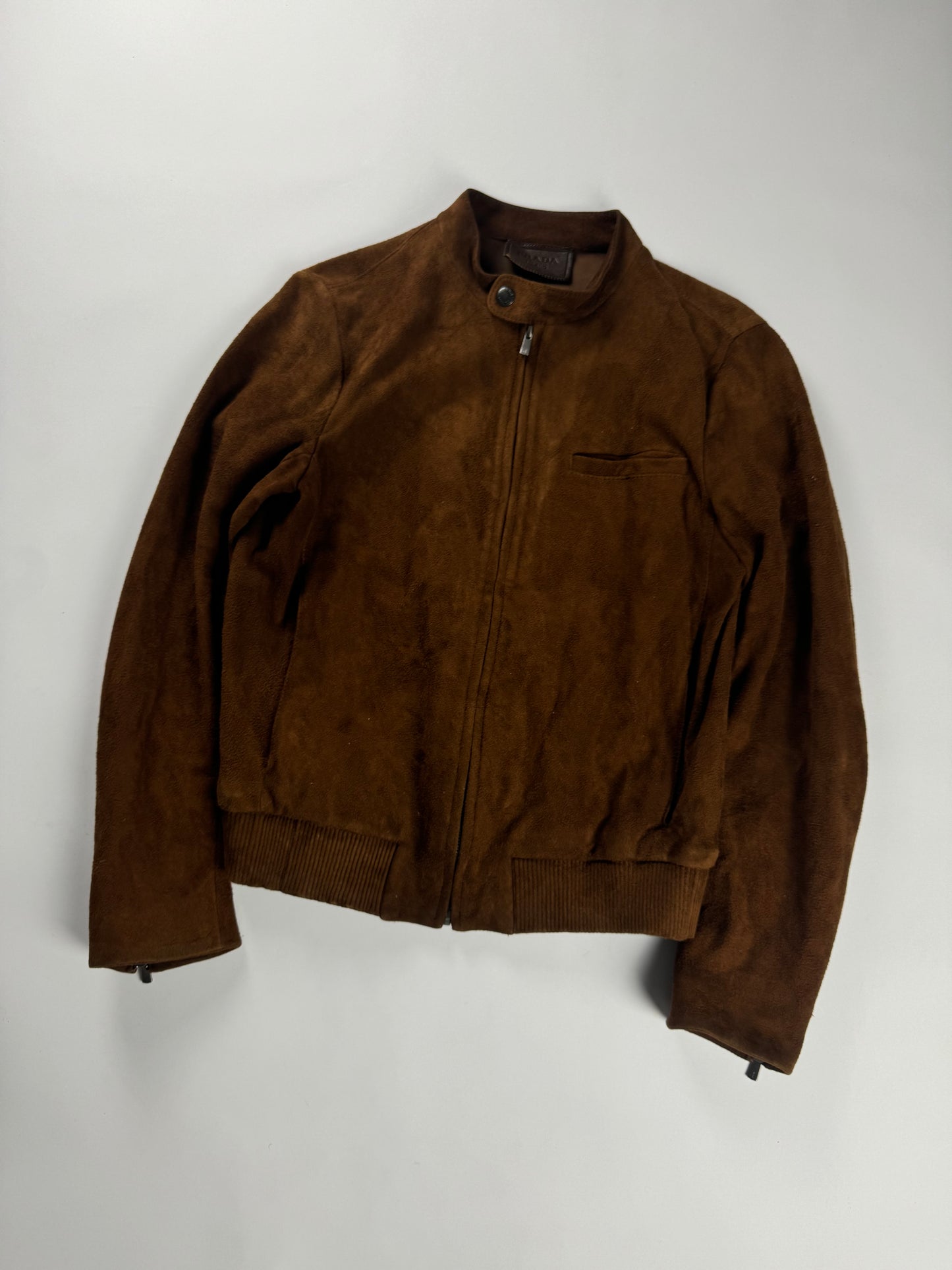 Prada Sample Havana Brushed Suede Canvas Leather Moto Jacket FW 2013 - M