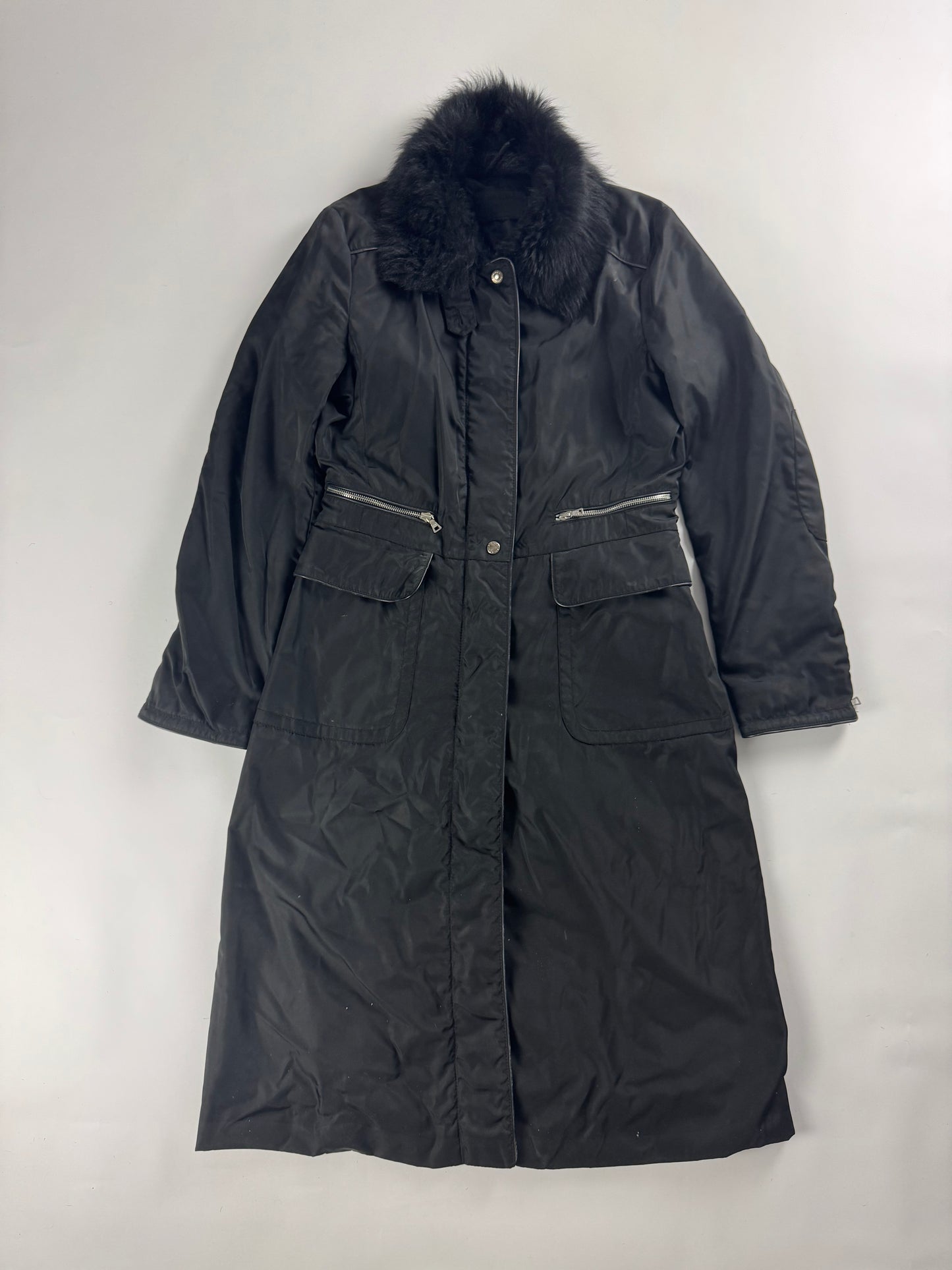 Prada Fur Collar Double Zip Nylon Long Coat 2000s - S