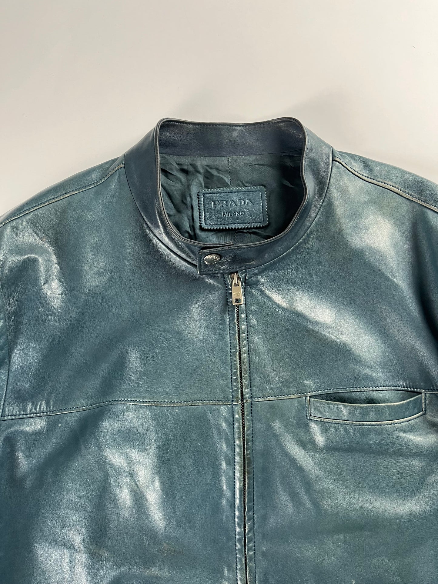 Prada Turquoise Blue Leather Moto Jacket FW 2014 - L
