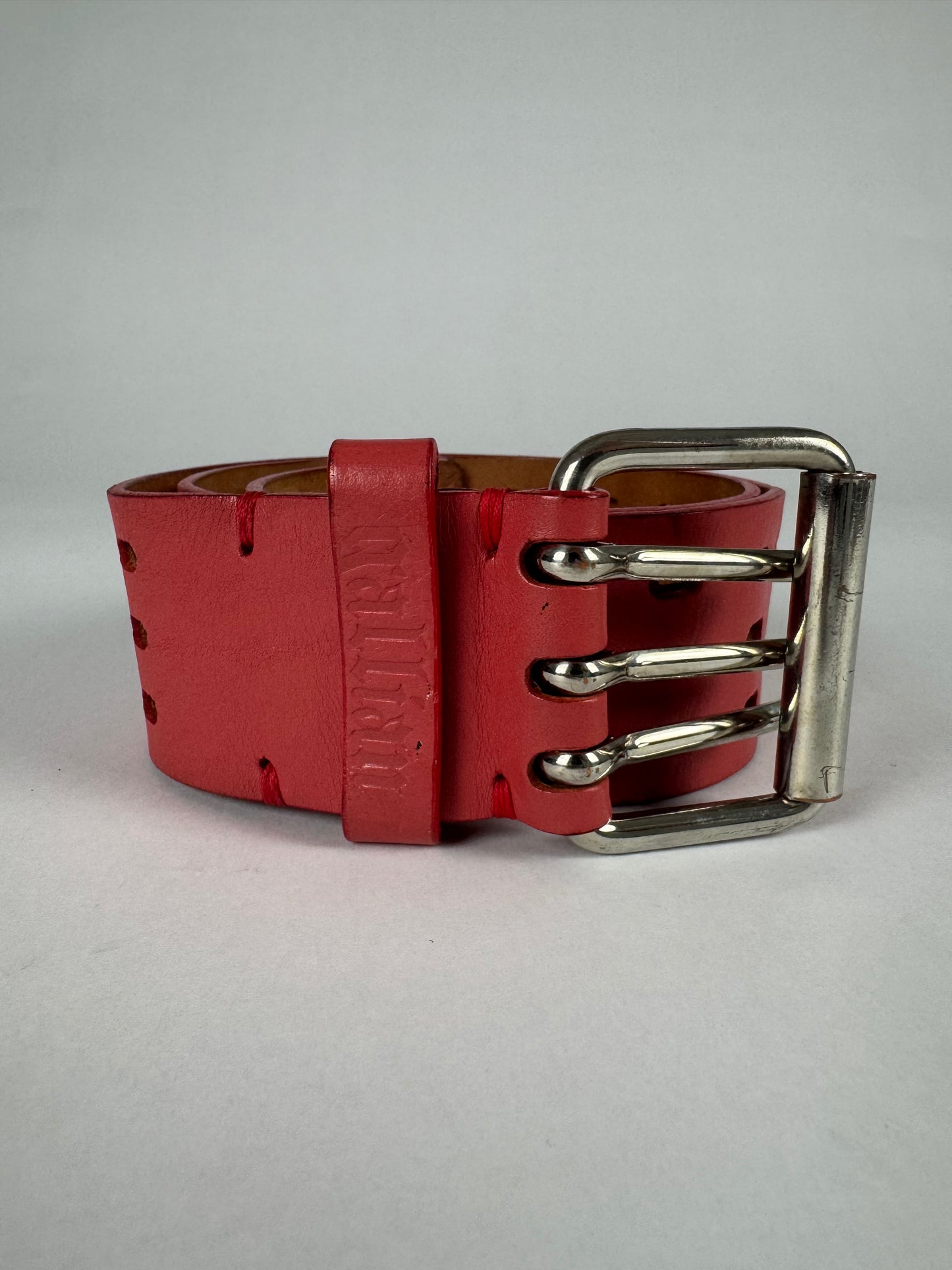John Galliano Triple Prong Holed Red Gallant Leather Belt 2000s - 80 CM