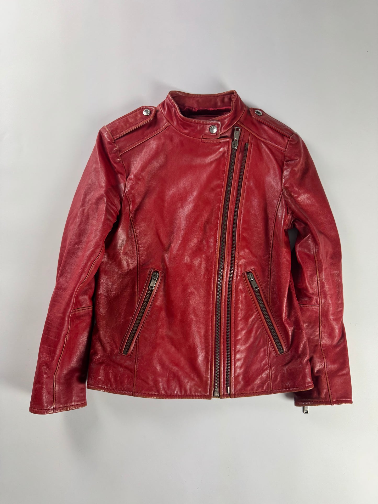Prada Red Leather Perfecto Asymmetrical Moto Jacket - XS
