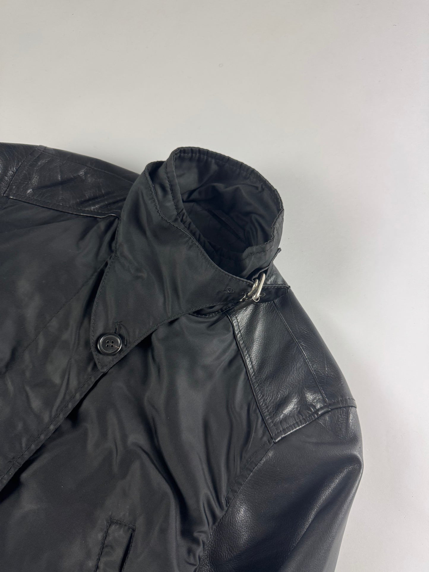 Prada Leather Sleeves Belted Collar Pilot Jacket 2000s - S