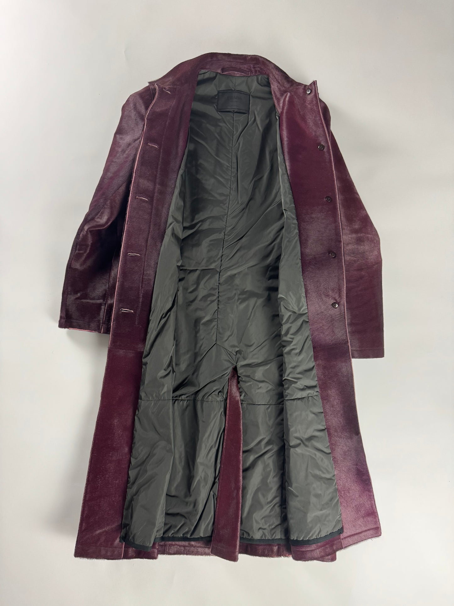 Prada Wine Bordeaux Leather Belted Pony Hair Leather Coat FW 2000 - XS