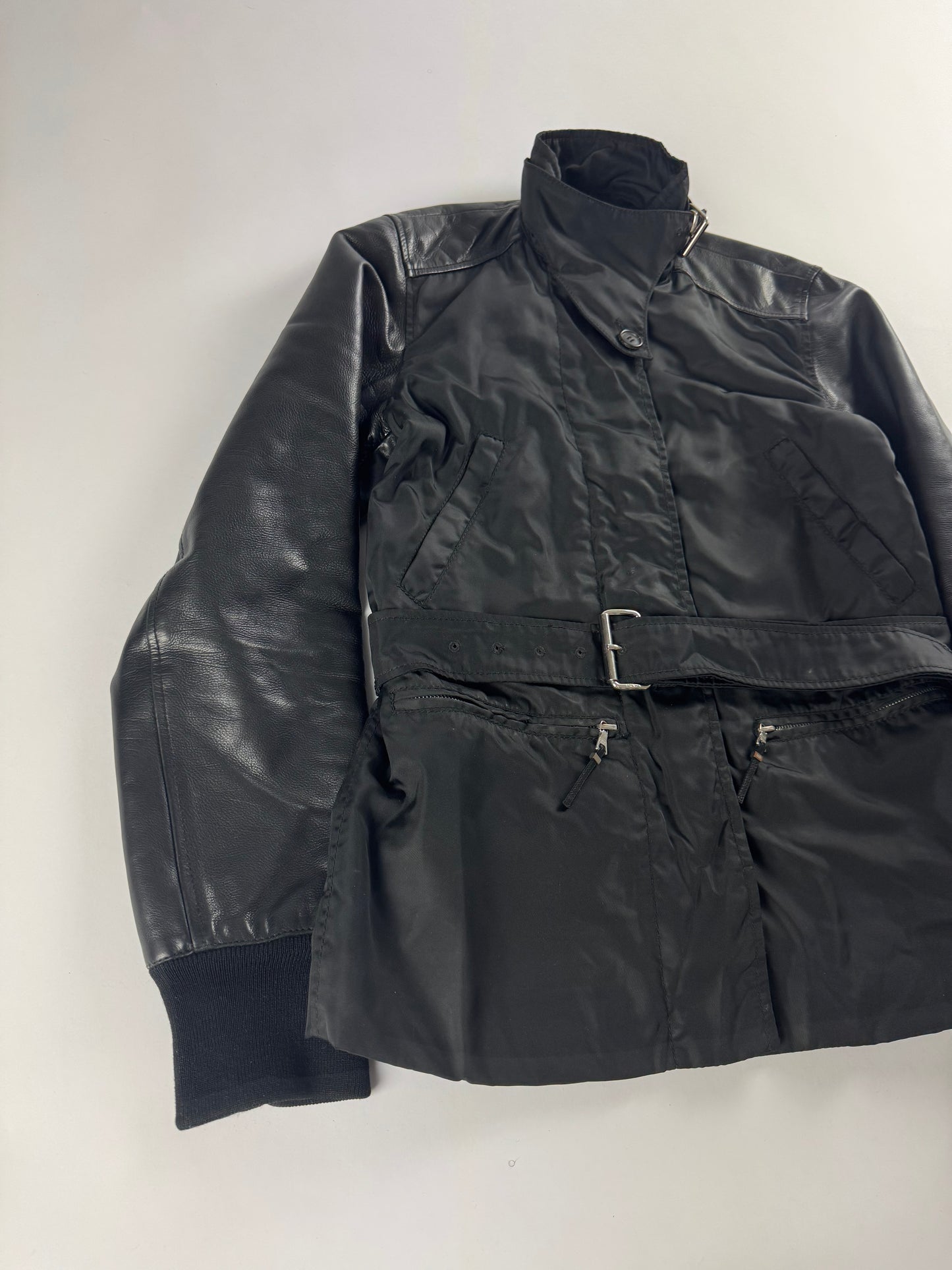 Prada Leather Sleeves Belted Collar Pilot Jacket 2000s - S