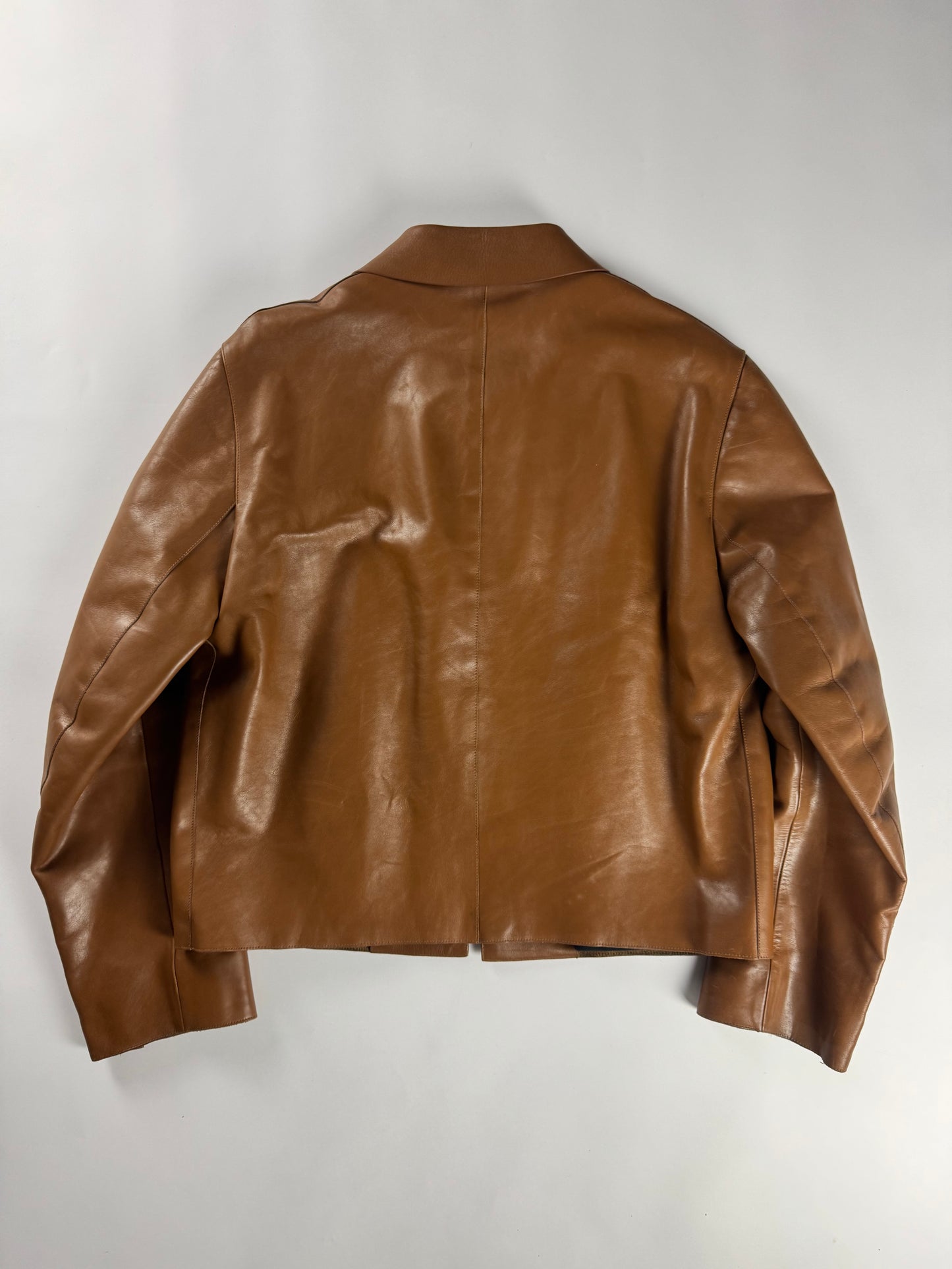 Prada Cognac Premium Leather Double Zipper Padded Layer Minimalist Jacket FW 2000 - L