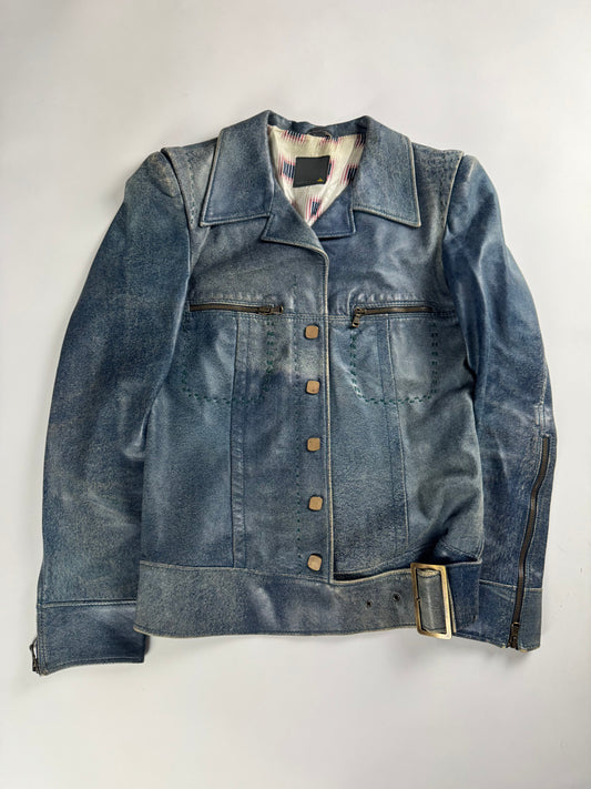 Fendi Blue Leather Belted Jacket 1990s - S