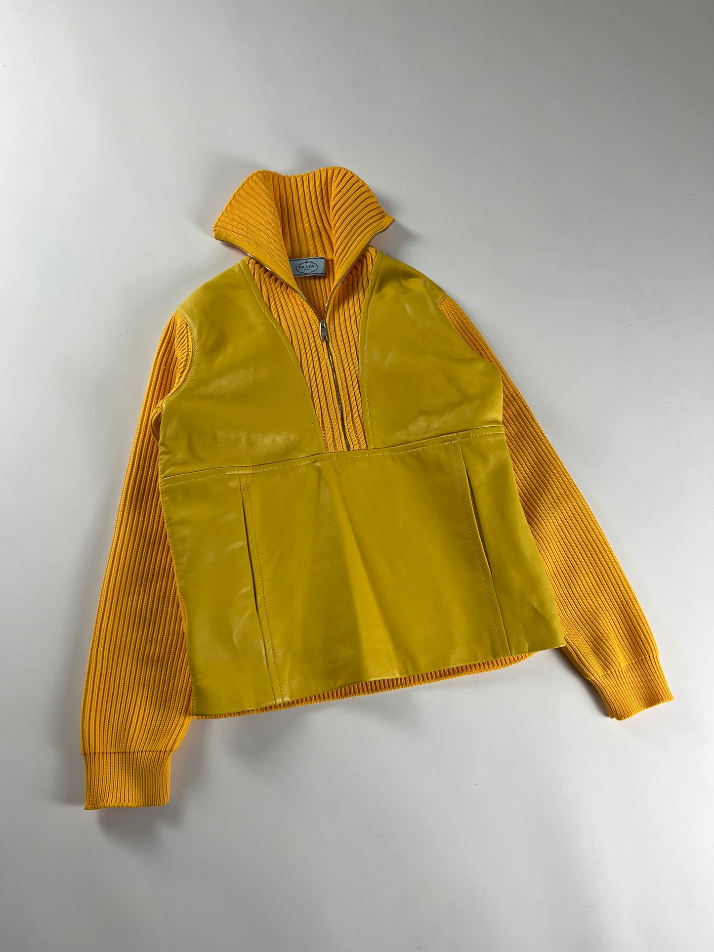 Prada Yellow Leather Ribber Turtleneck Half Zipper FW 2018 - S