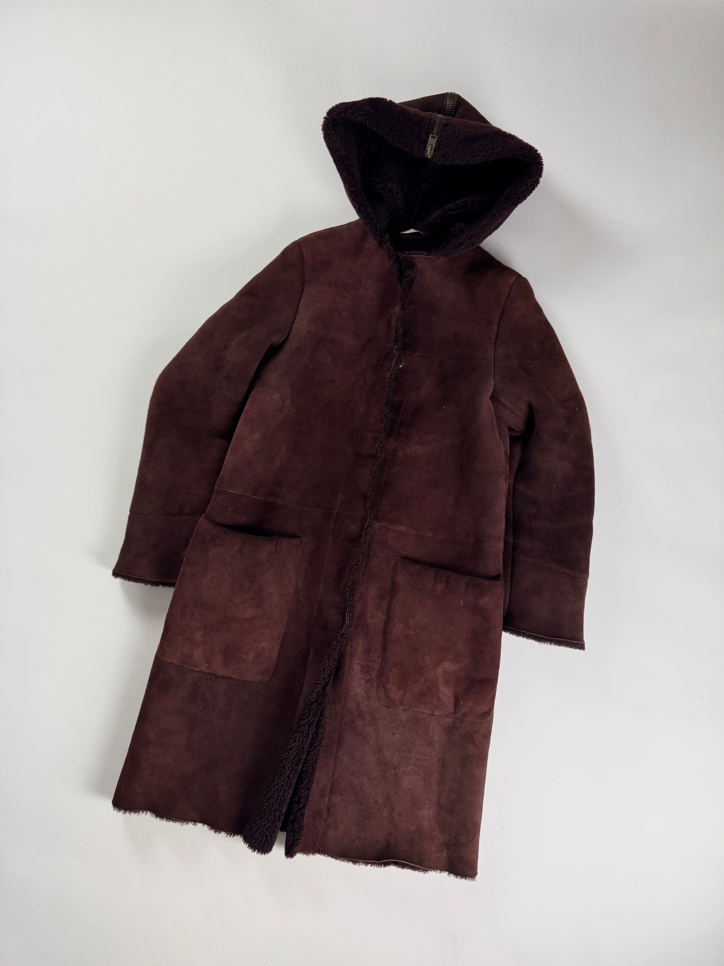 Miu Miu Wine Red Half Open Sherpa Hood Shearling Coat 2000s - XS