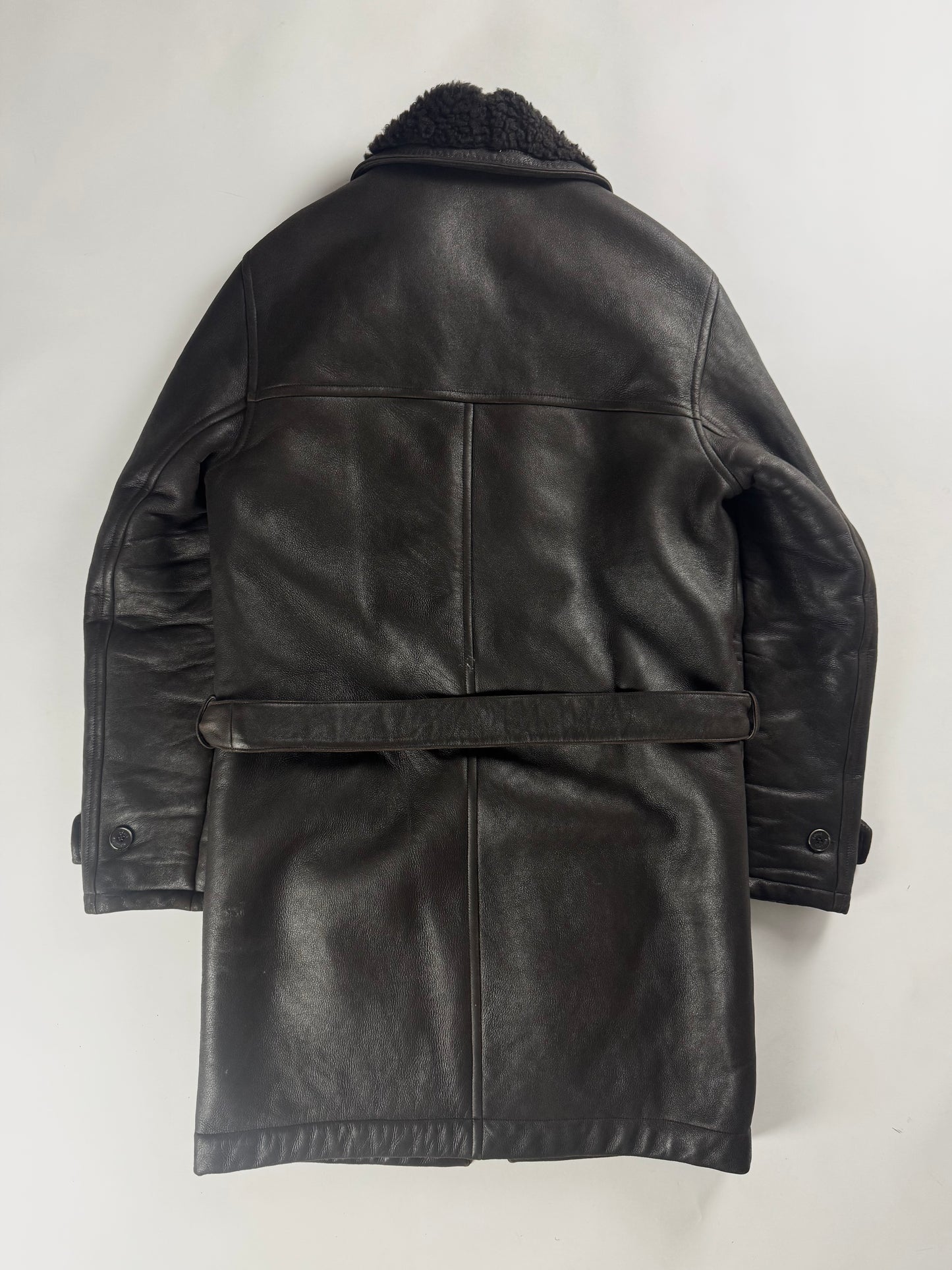 Louis Vuitton Dark Brown Fur Lining Heavy Sheepskin Leather Belted Coat 2000s - M