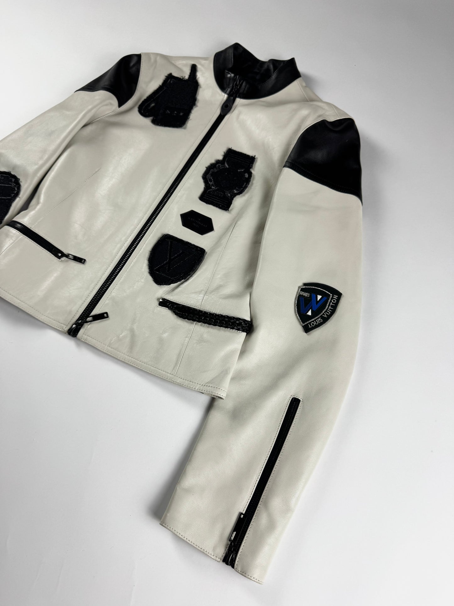 Louis Vuitton Sample White Leather Black Multi Patch Logo Badge Racer Jacket FW 2017 - S