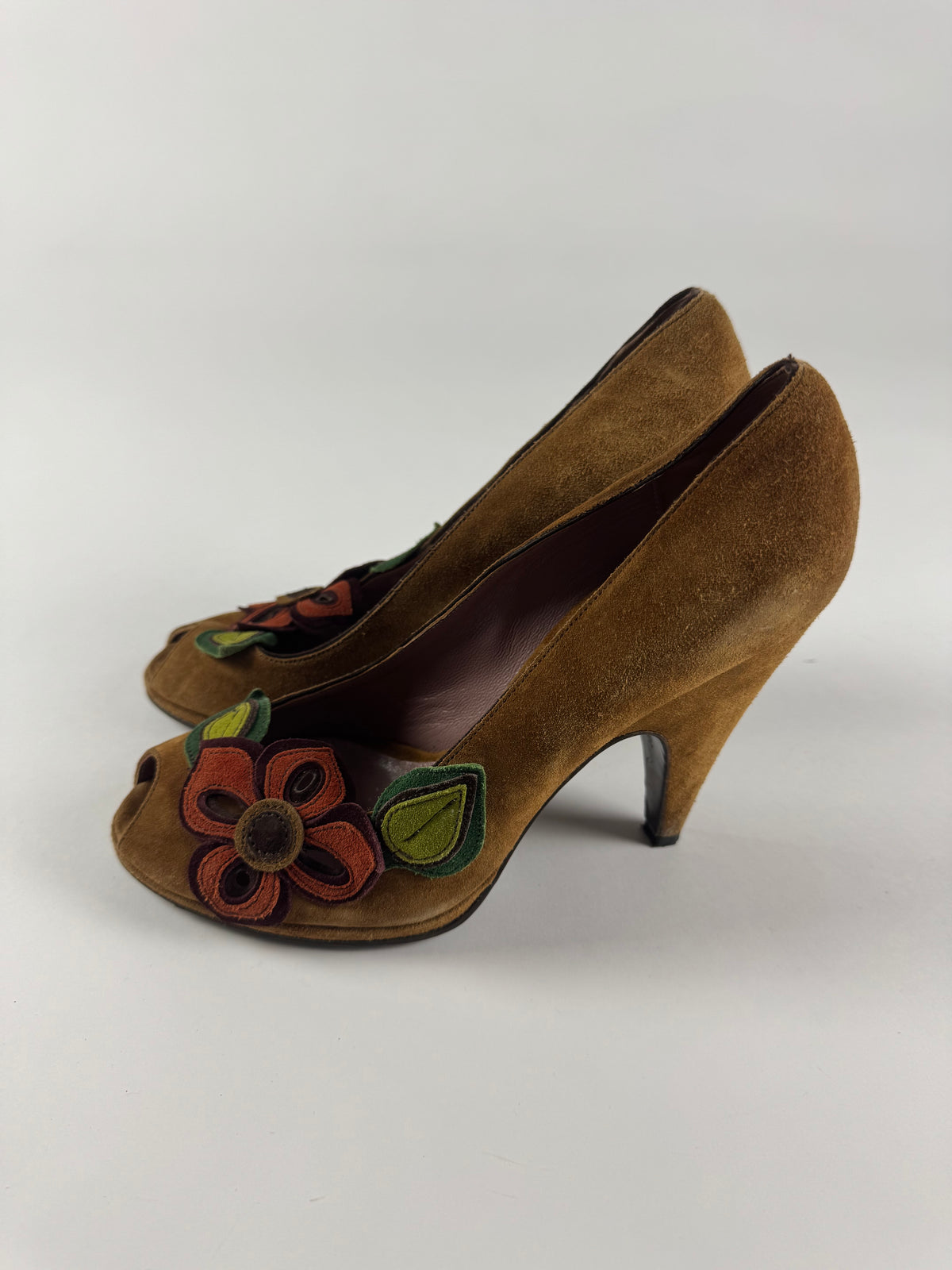 Miu Miu Floral Brown Suede Heels 1990s - 40 IT/41 EU