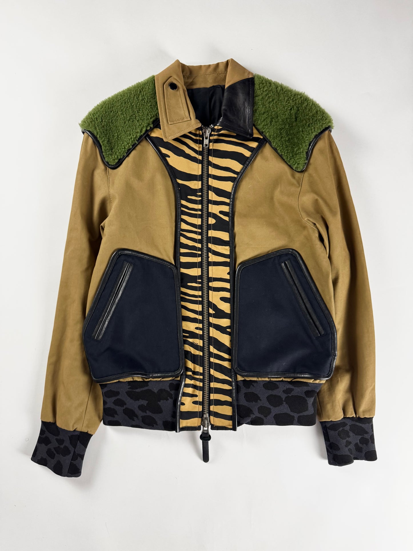 Coach Sample Camel Mixed Animal Print Green Shearling Collar Bomber Jacket SS 2016 - M