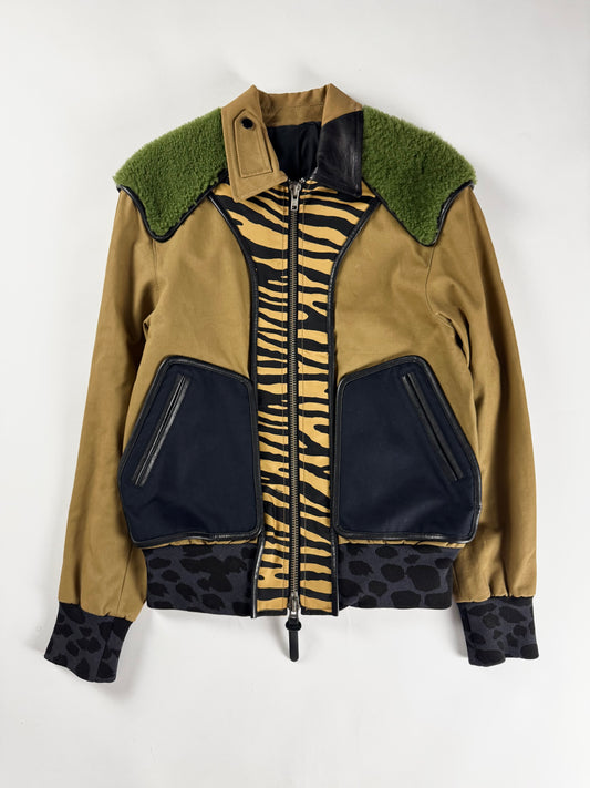 Coach Sample Camel Mixed Animal Print Green Shearling Collar Bomber Jacket SS 2016 - M
