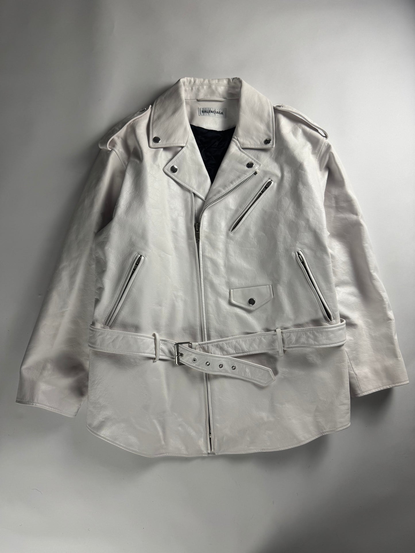 Balenciaga 80s Biker Smooth Optical White Calf Leather Oversized Perfecto Jacket SS 2020 - M