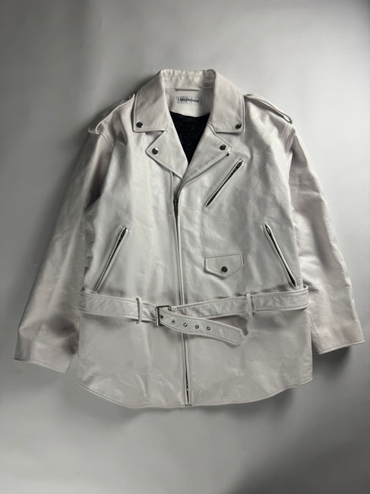 Balenciaga 80s Biker Smooth Optical White Calf Leather Oversized Perfecto Jacket SS 2020 - M